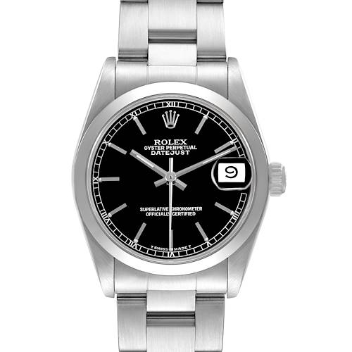 The Rolex Datejust 68240 Women's Stainless Steel Black Dial watch is shown from a front angle, highlighting the face, bezel, crown, and bracelet.