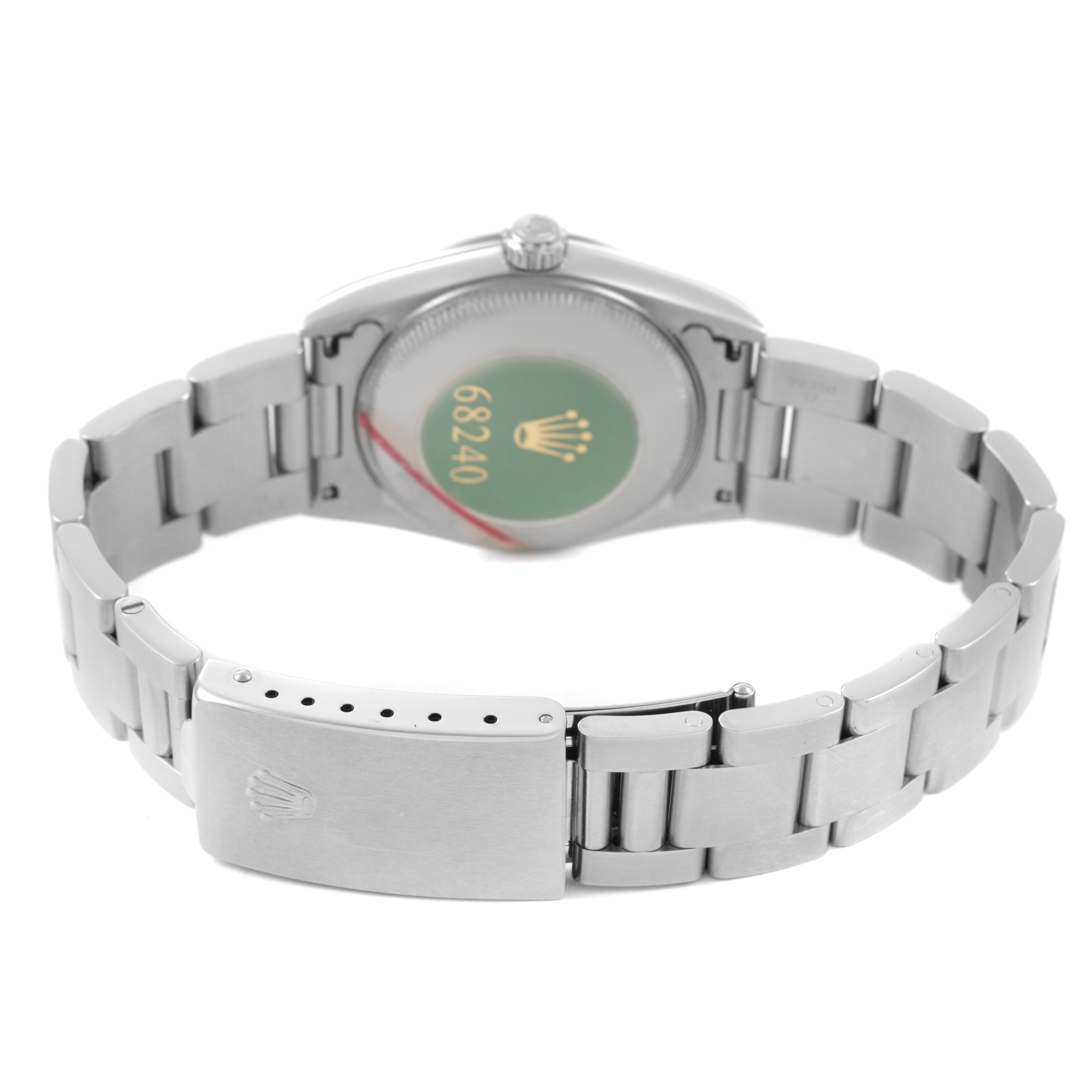 The Rolex Datejust 68240 Women's Stainless Steel Black Dial watch is shown from the back, highlighting the bracelet and clasp.