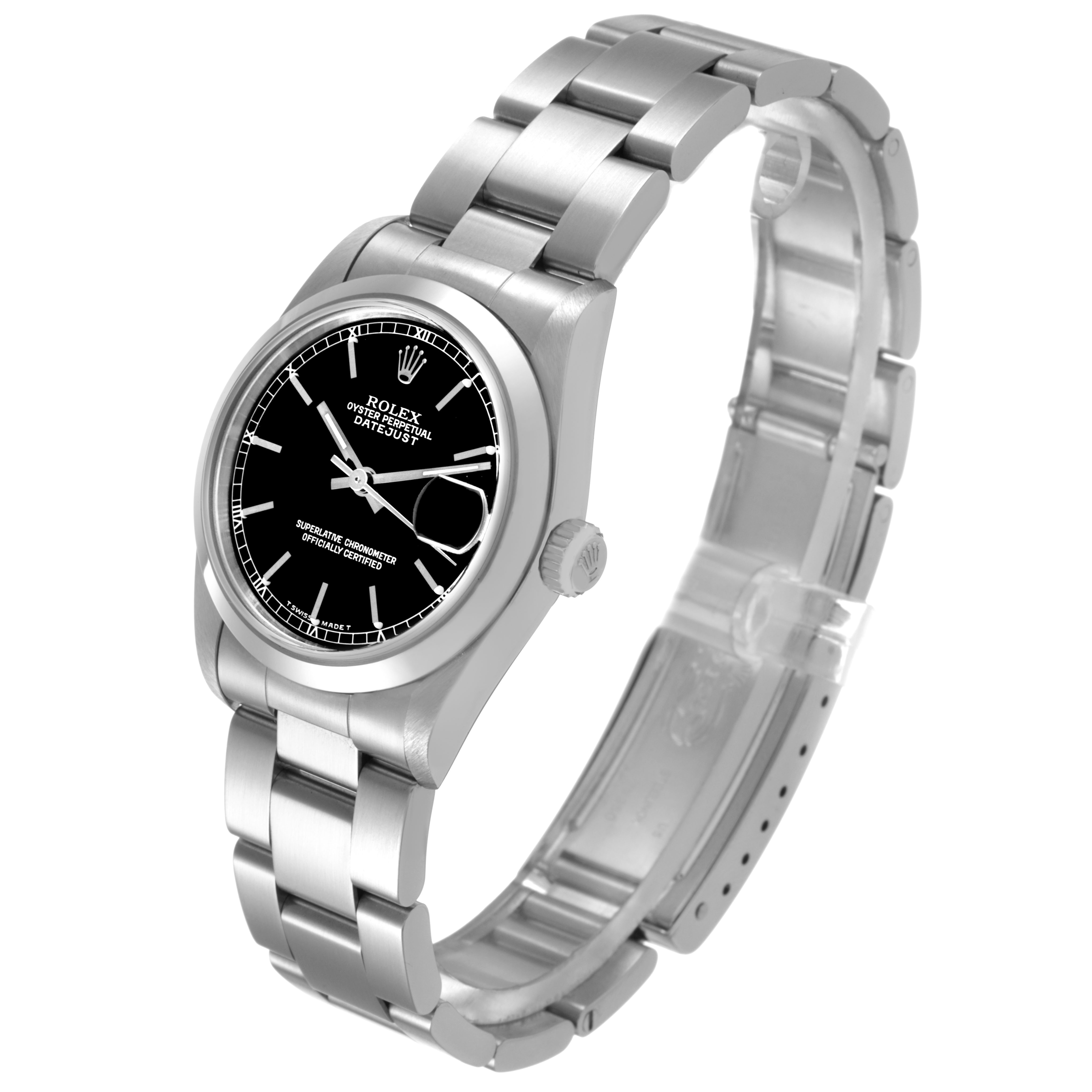 The image shows a side view of a Rolex Datejust 68240 Women's Stainless Steel Black Dial watch displaying the bracelet, case, crown, and dial.