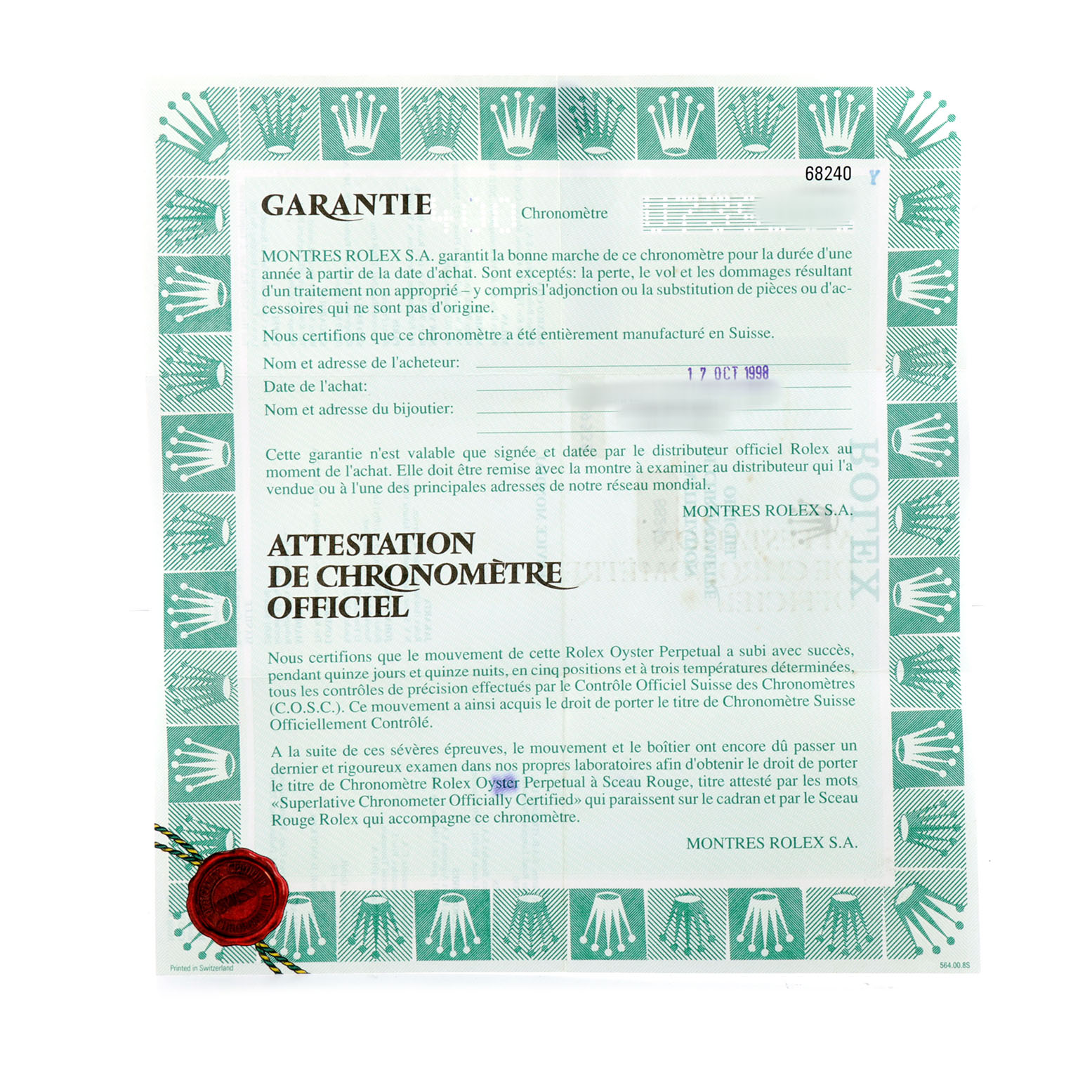 The image shows a warranty document for a Rolex Datejust 68240 Women's Stainless Steel Black Dial, featuring official text and a decorative border.
