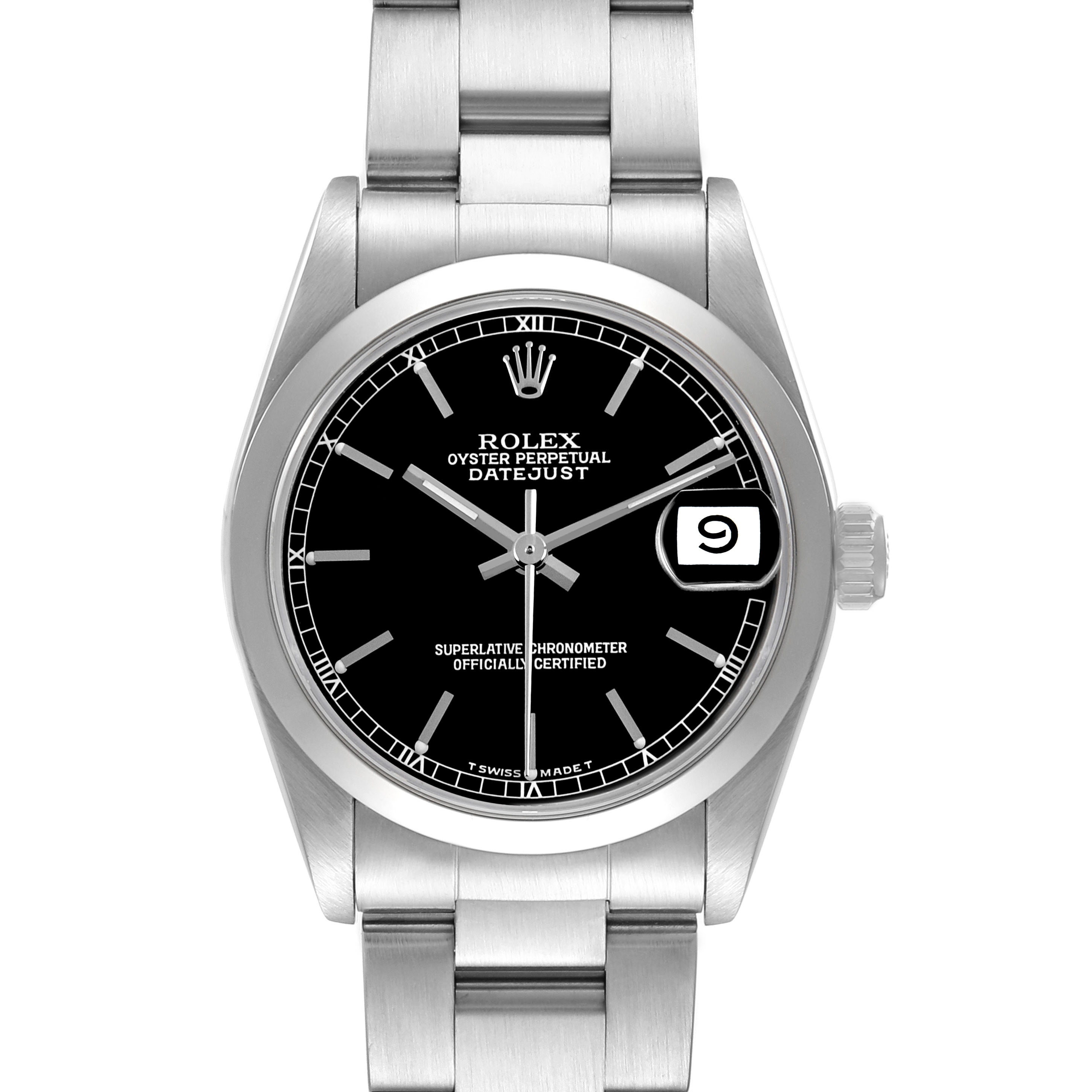The Rolex Datejust 68240 Women's Stainless Steel Black Dial watch is shown from a front view, displaying the dial, bezel, bracelet, and crown.