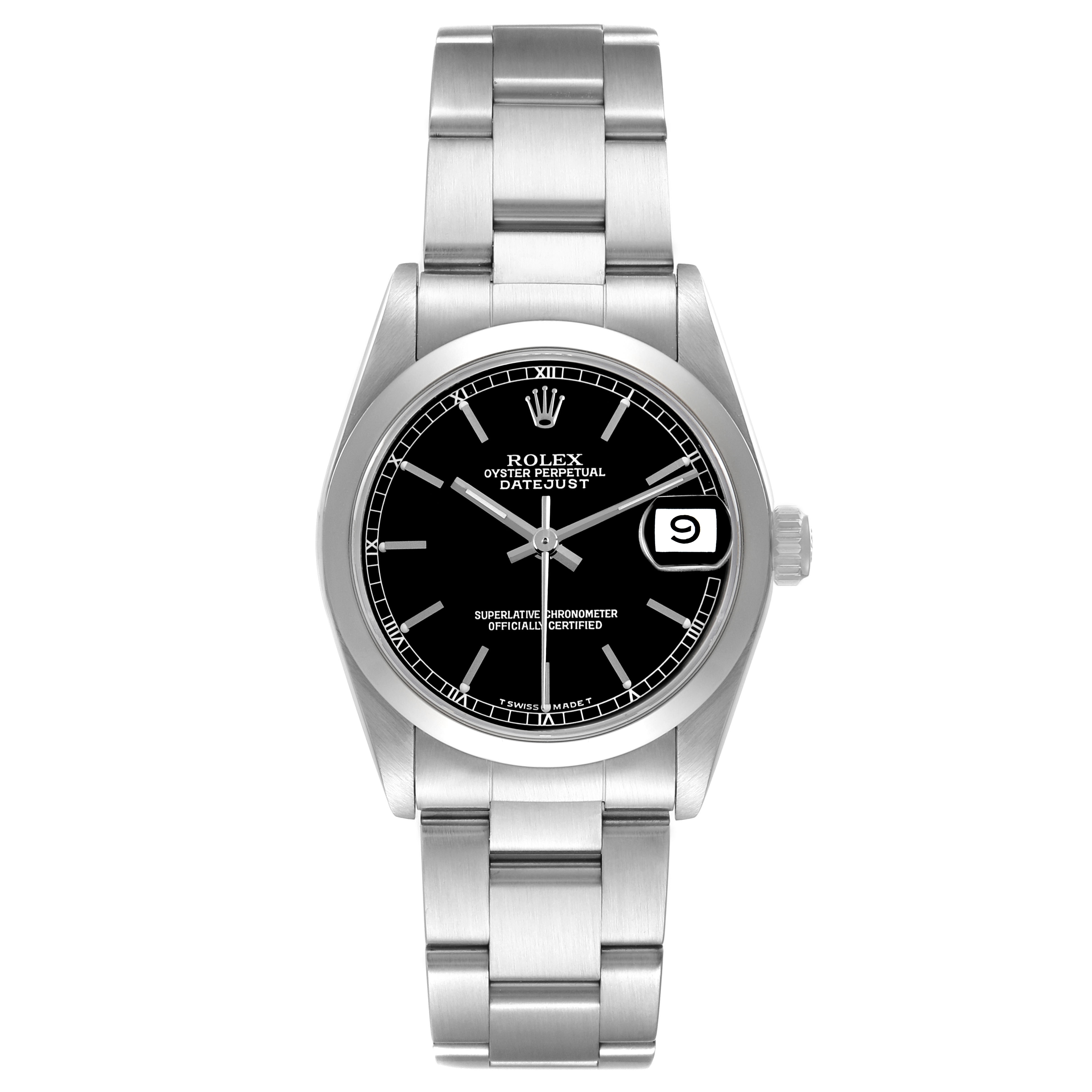 The Rolex Datejust 68240 Women's Stainless Steel Black Dial watch is shown from a front angle, displaying the dial, case, crown, and bracelet.