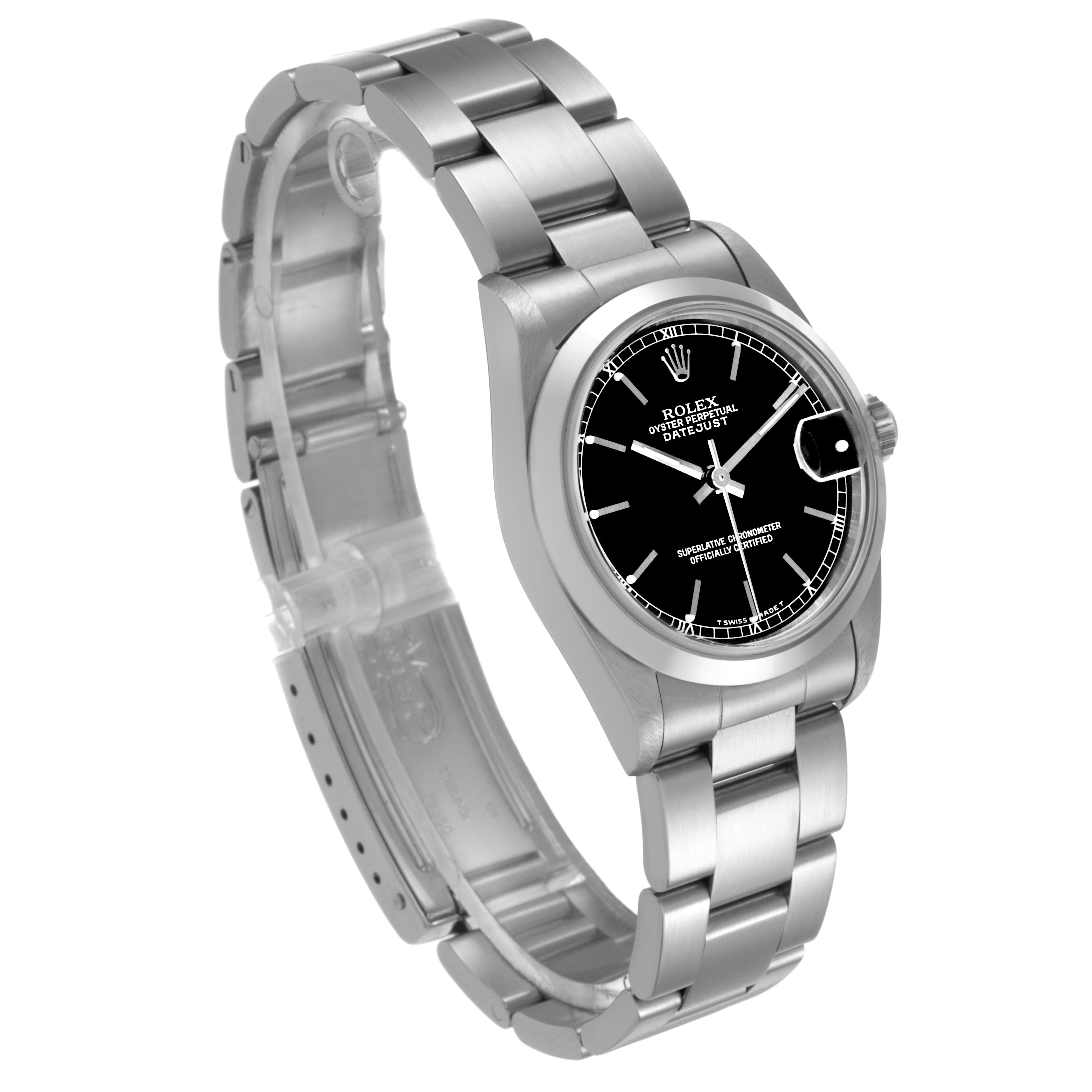 The Rolex Datejust 68240 Women's Stainless Steel Black Dial watch is shown at a slight angle, highlighting the black dial, case, and stainless steel bracelet.