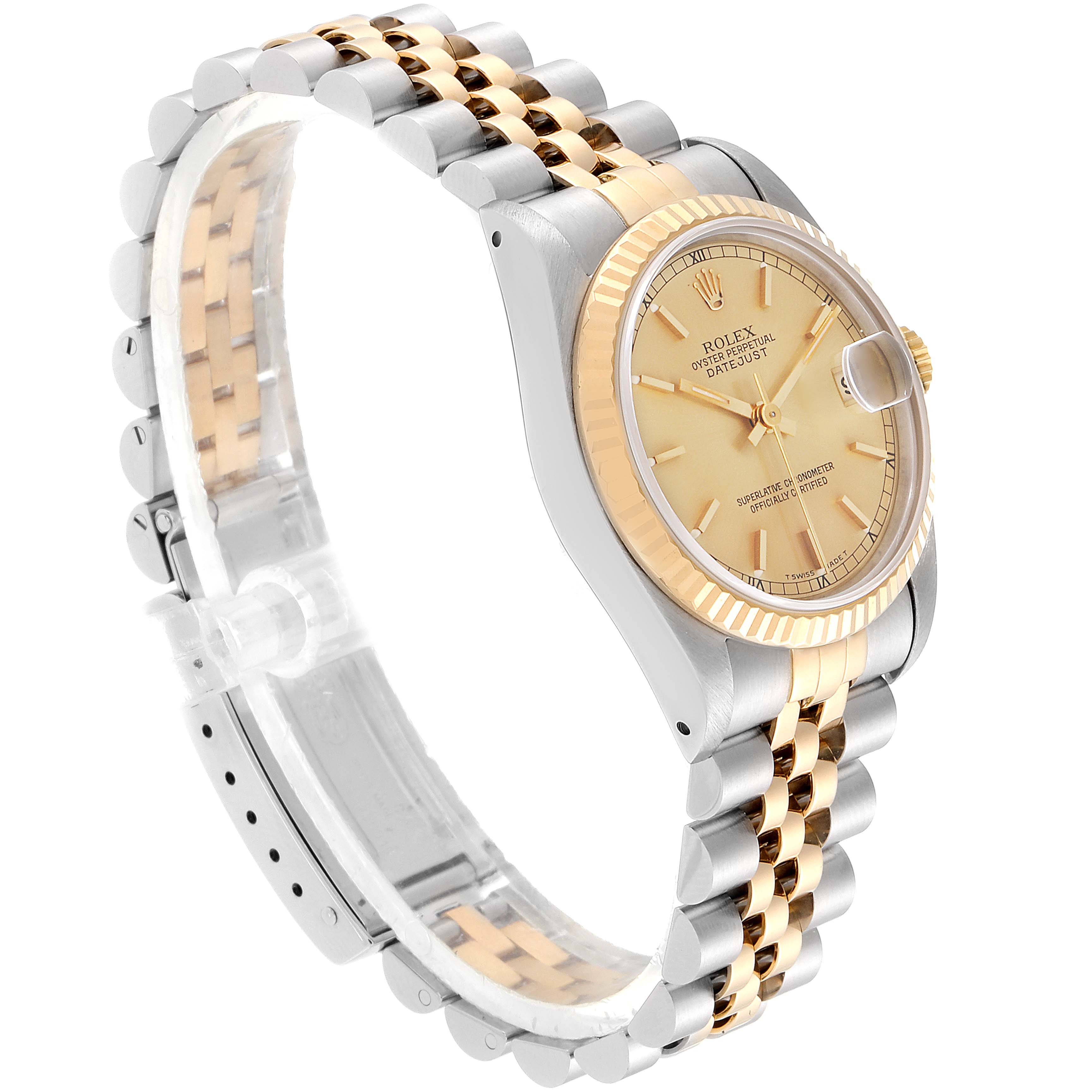 The watch is a Rolex Oyster Perpetual Datejust Mid-Size model shown at a slight angle, highlighting the face, bezel, and bracelet.