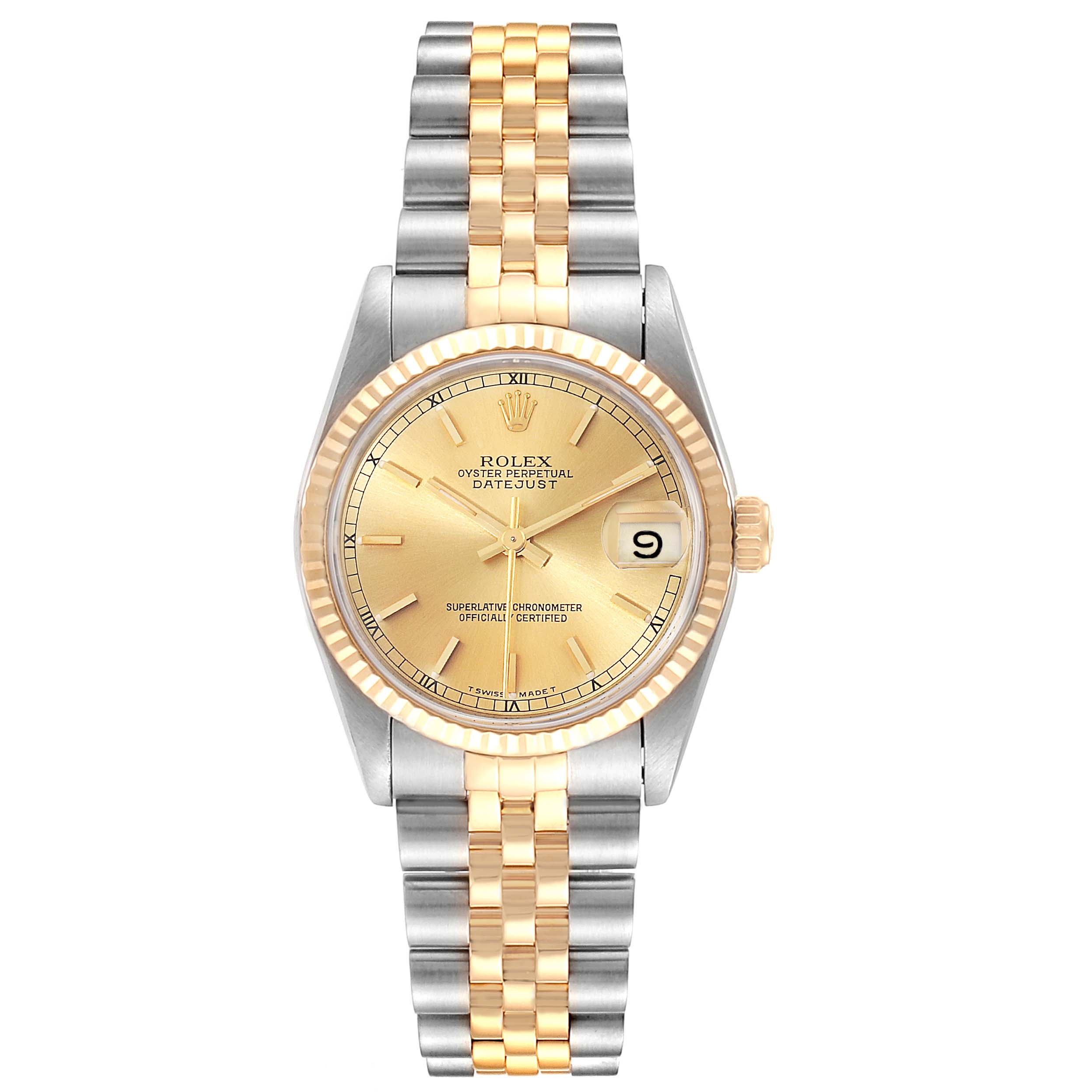 The image shows a frontal view of a Rolex Oyster Perpetual Datejust Mid-Size model with a gold dial and a two-tone band.