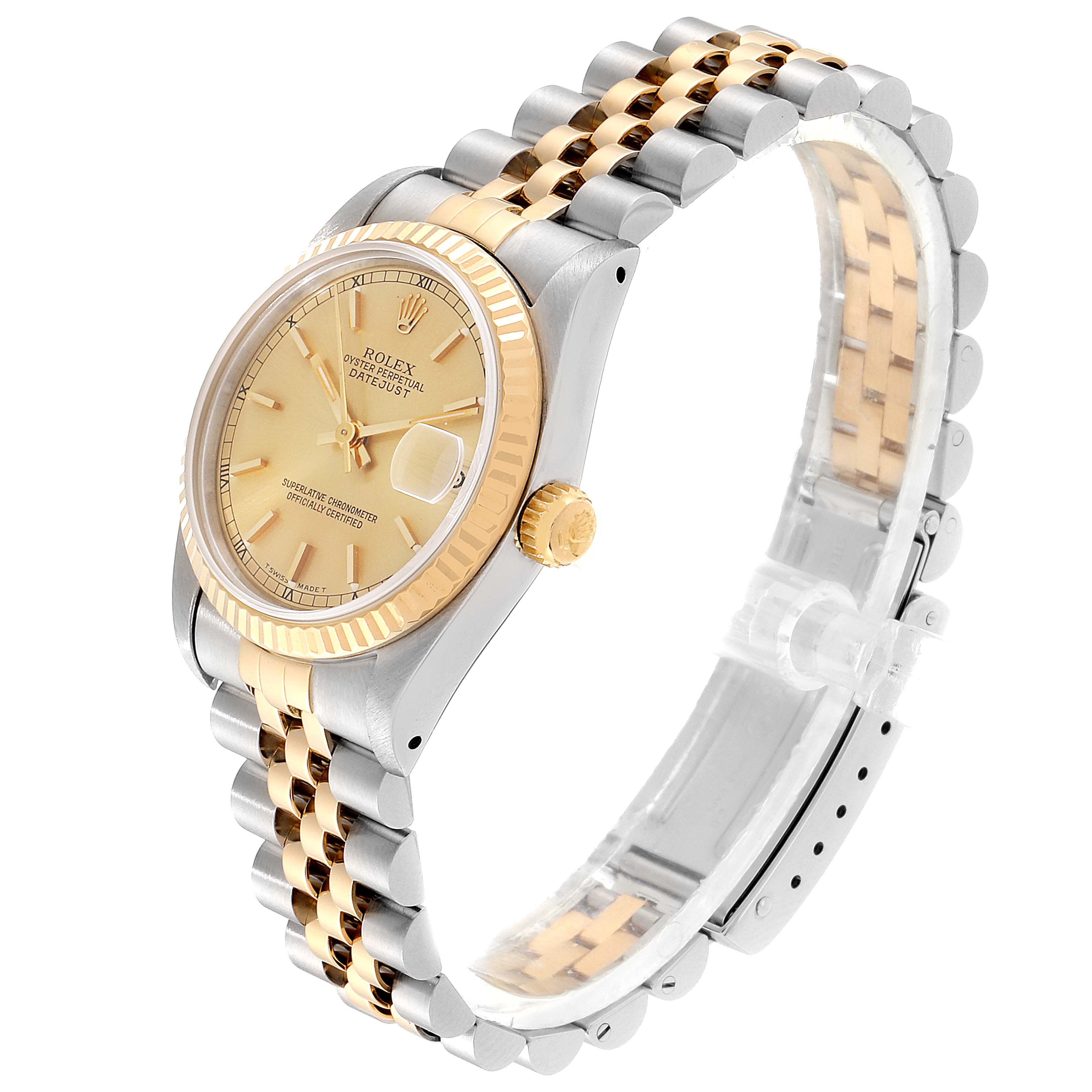The Rolex Mid-Size 68273 Women's Steel and Gold (two tone) Champagne Dial 68273 Women's Steel and Gold (two tone) Champagne Dial Datejust watch is shown at an angled side view, highlighting the gold dial, fluted bezel, and two-tone bracelet.