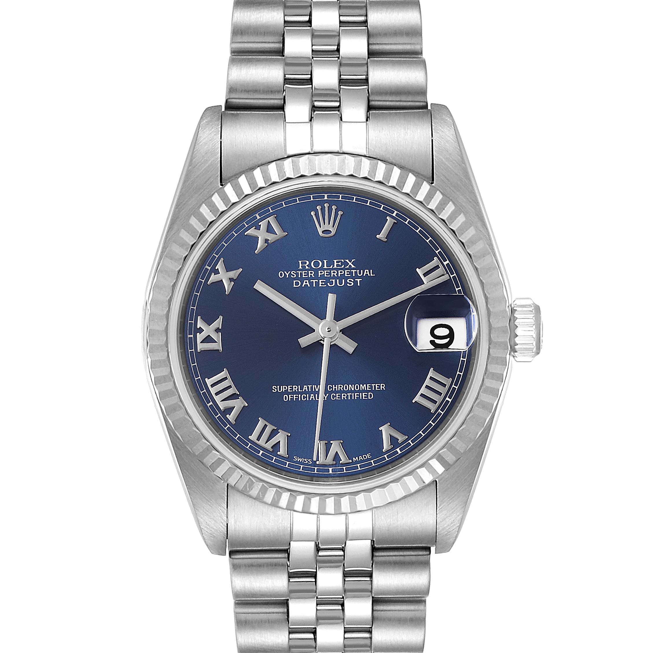This image shows a frontal view of a Rolex Oyster Perpetual Datejust Mid-Size watch, featuring its dial, hands, date window, bezel, and bracelet.