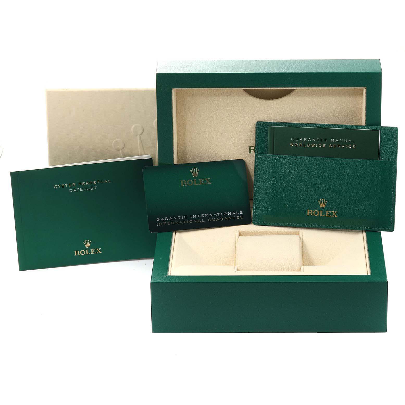 This image shows the packaging and documentation for a Rolex Mid-Size 278243 Women's Steel and Gold (two tone) Green Dial 278243 Women's Steel and Gold (two tone) Green Dial watch, including the box, guarantee card, and manuals.