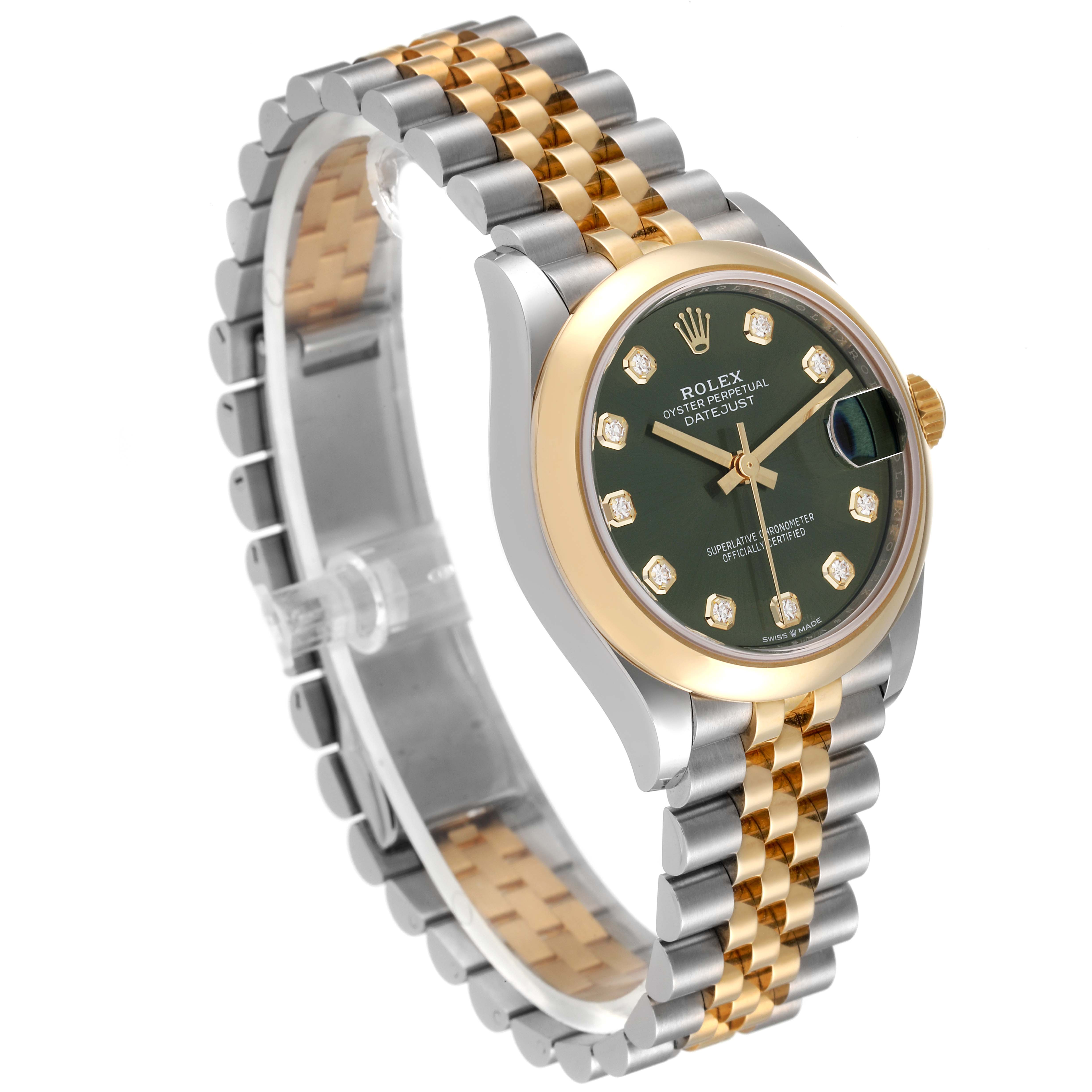 The Mid-Size Rolex watch is shown in a three-quarter view, highlighting the bezel, bracelet, and the face with diamond hour markers.