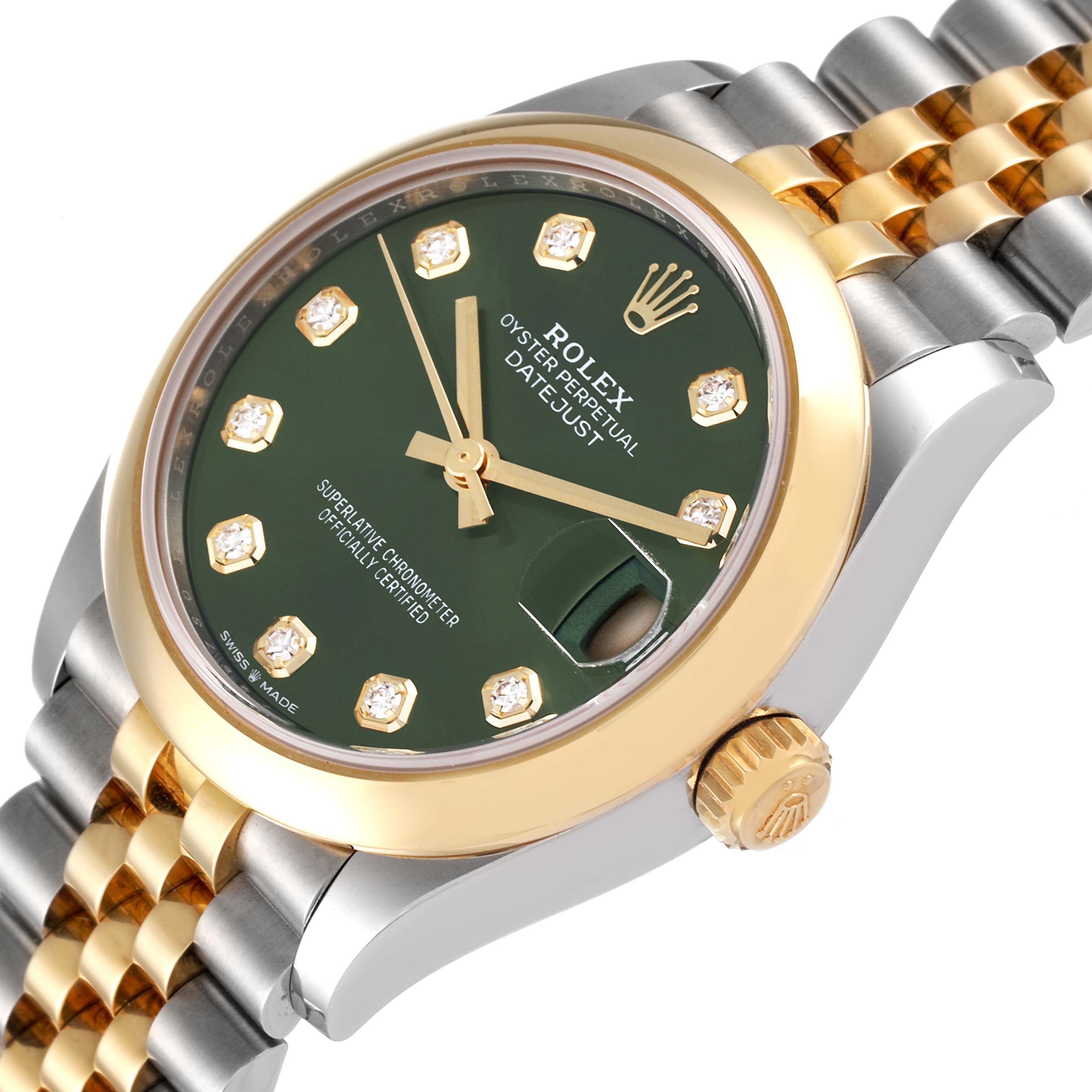 This Mid-Size Rolex watch is shown from a slightly angled view featuring the green dial, diamond markers, and two-tone bracelet.