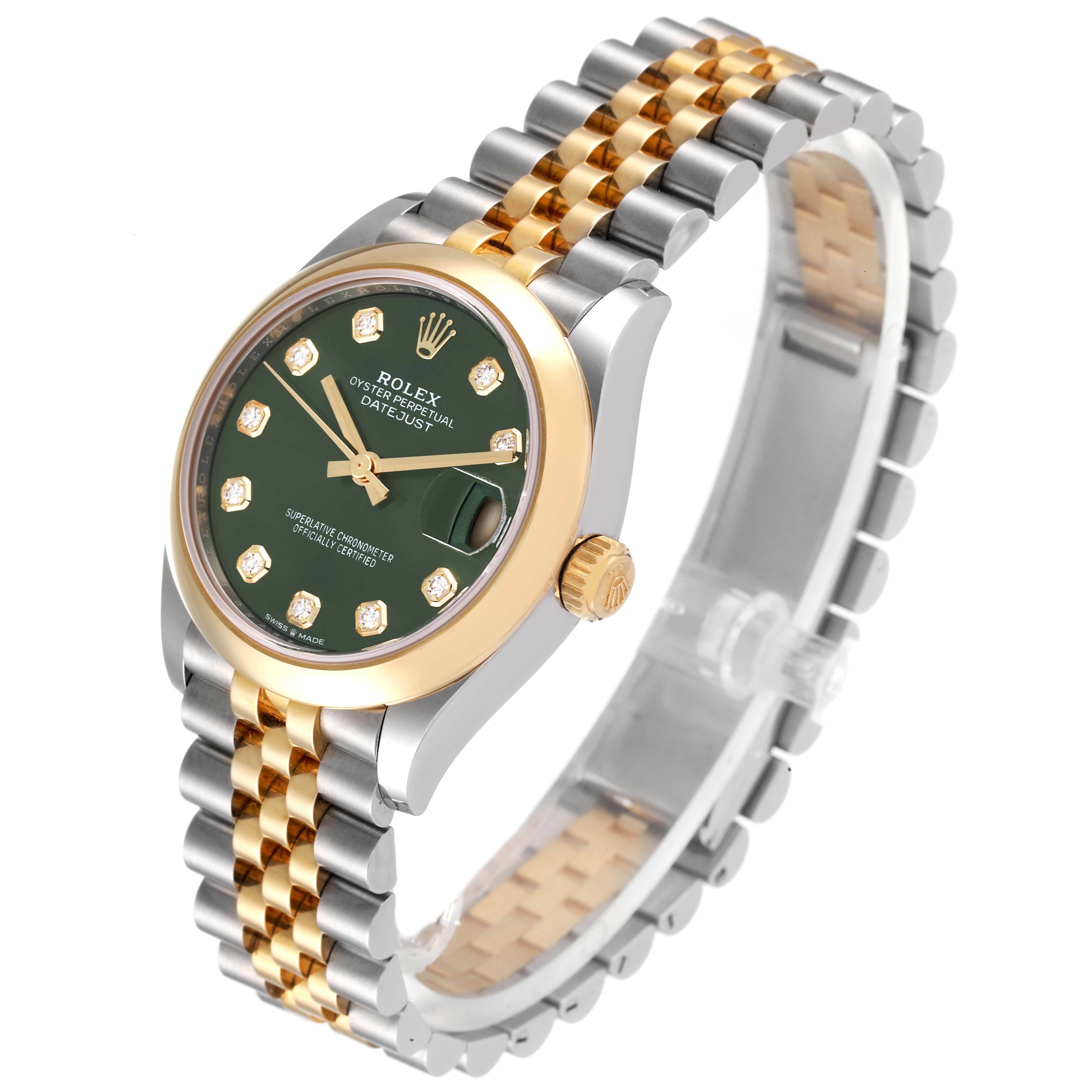 The image shows a Rolex Mid-Size 278243 Women's Steel and Gold (two tone) Green Dial 278243 Women's Steel and Gold (two tone) Green Dial Datejust watch from an angled view highlighting its green dial, gold bezel, and two-tone bracelet.