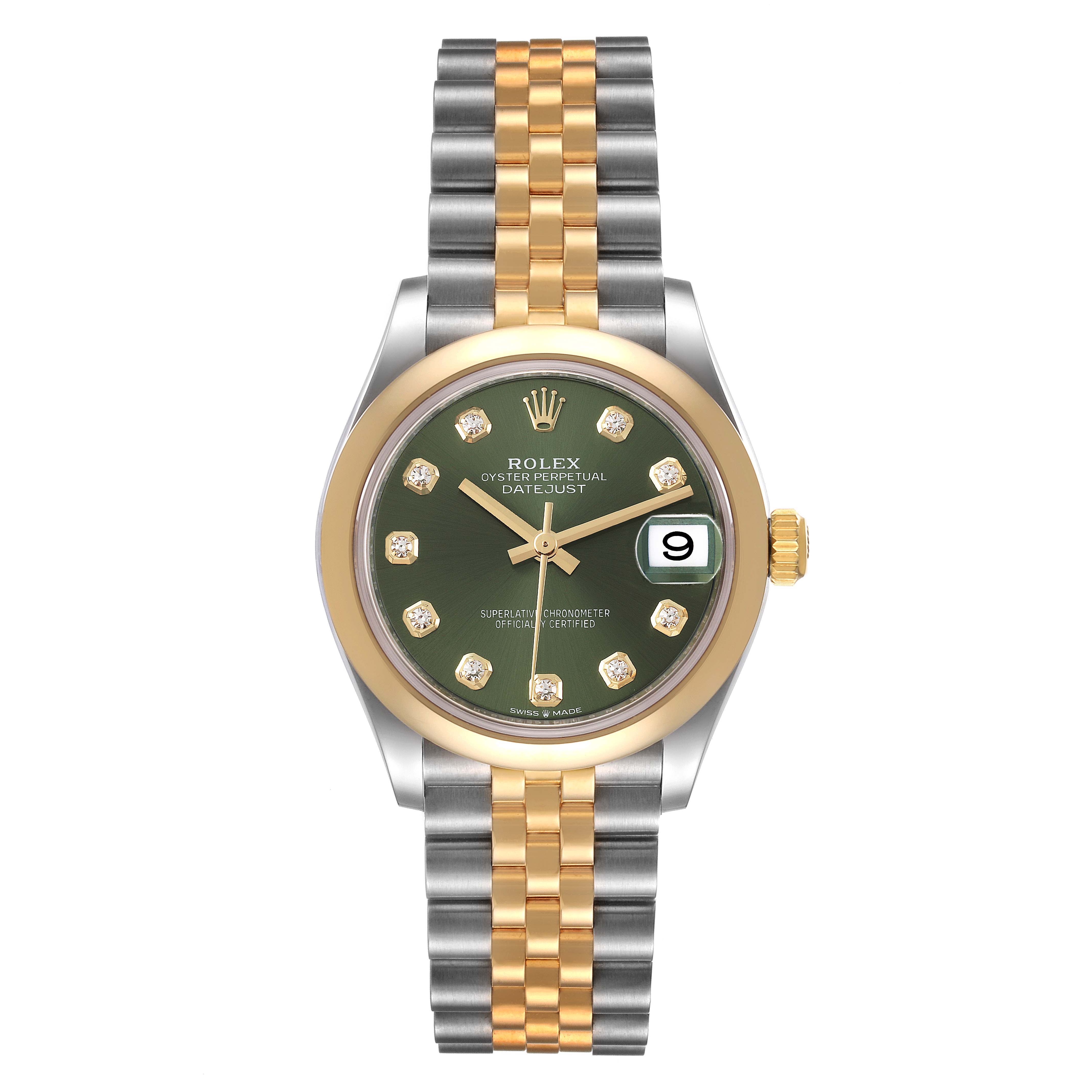 This image shows a Rolex Mid-Size 278243 Women's Steel and Gold (two tone) Green Dial 278243 Women's Steel and Gold (two tone) Green Dial Oyster Perpetual Datejust watch from the front, highlighting its green dial, date window, and two-tone bracelet.