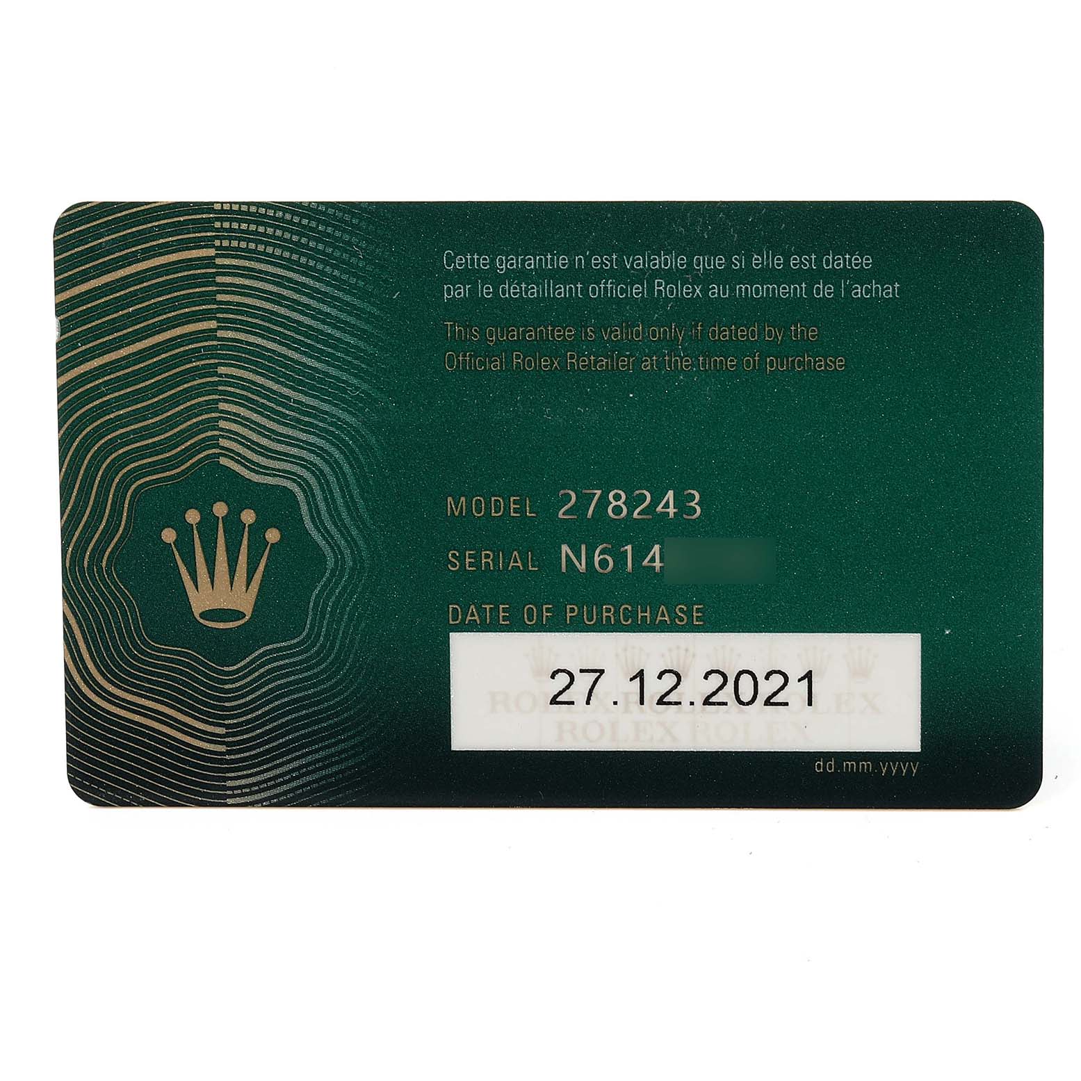 The image shows the warranty card for the Rolex Mid-Size 278243 Women's Steel and Gold (two tone) Green Dial 278243 Women's Steel and Gold (two tone) Green Dial model 278243, including its serial number and date of purchase.
