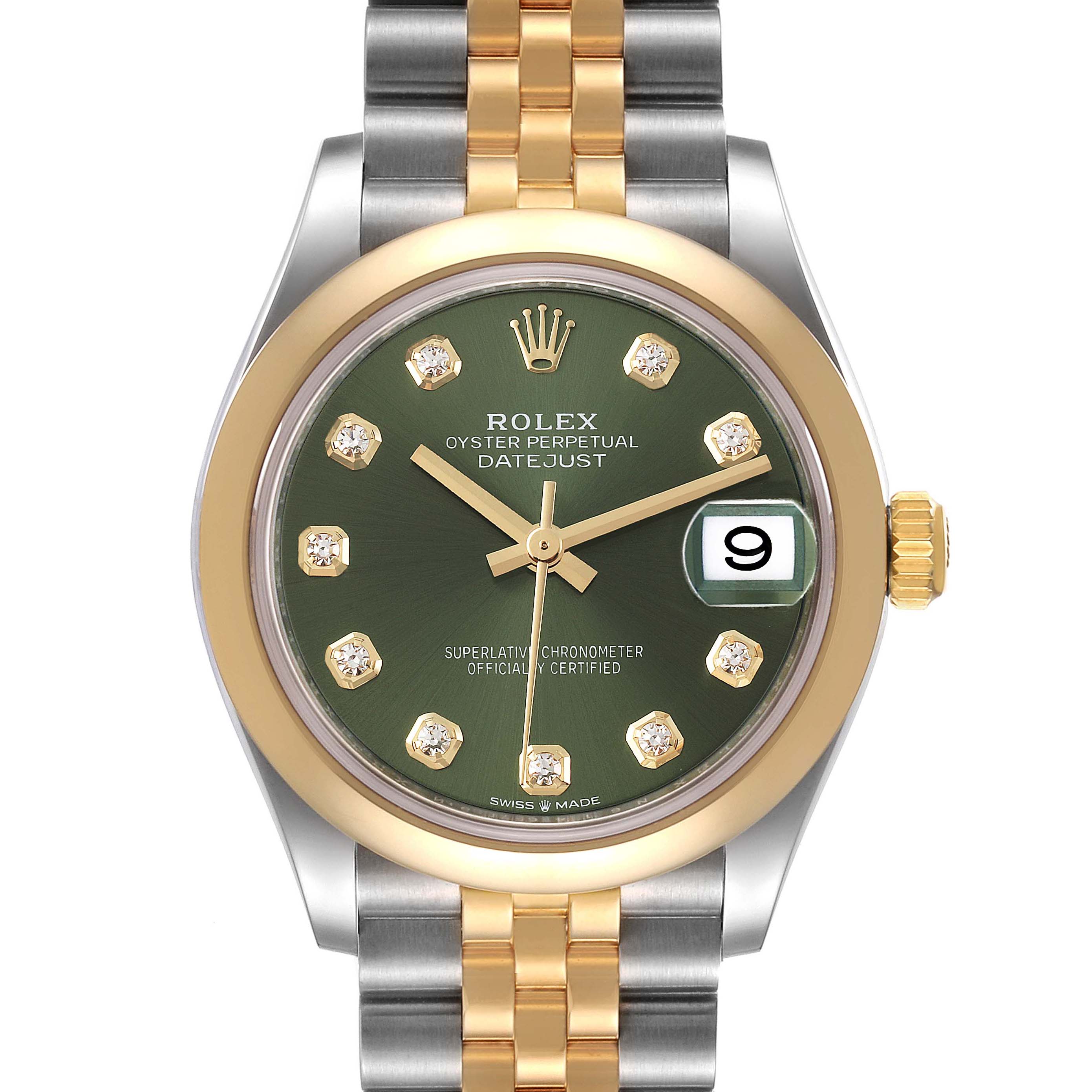 A front view of a Rolex Oyster Perpetual Datejust Mid-Size model with a two-tone bracelet and green dial.