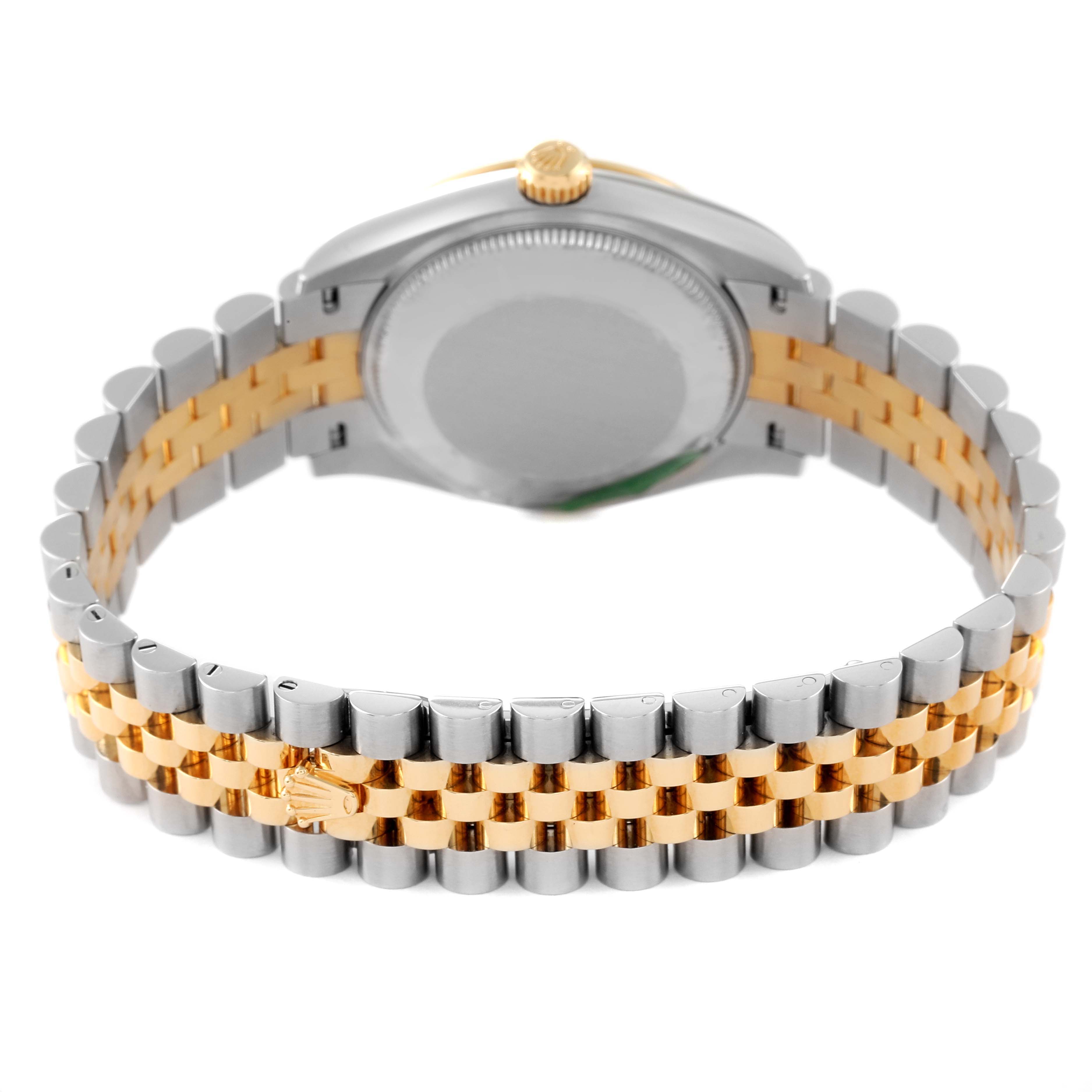 This image shows the back of a Rolex Mid-Size 278243 Women's Steel and Gold (two tone) Green Dial 278243 Women's Steel and Gold (two tone) Green Dial watch featuring its two-tone bracelet and case back.