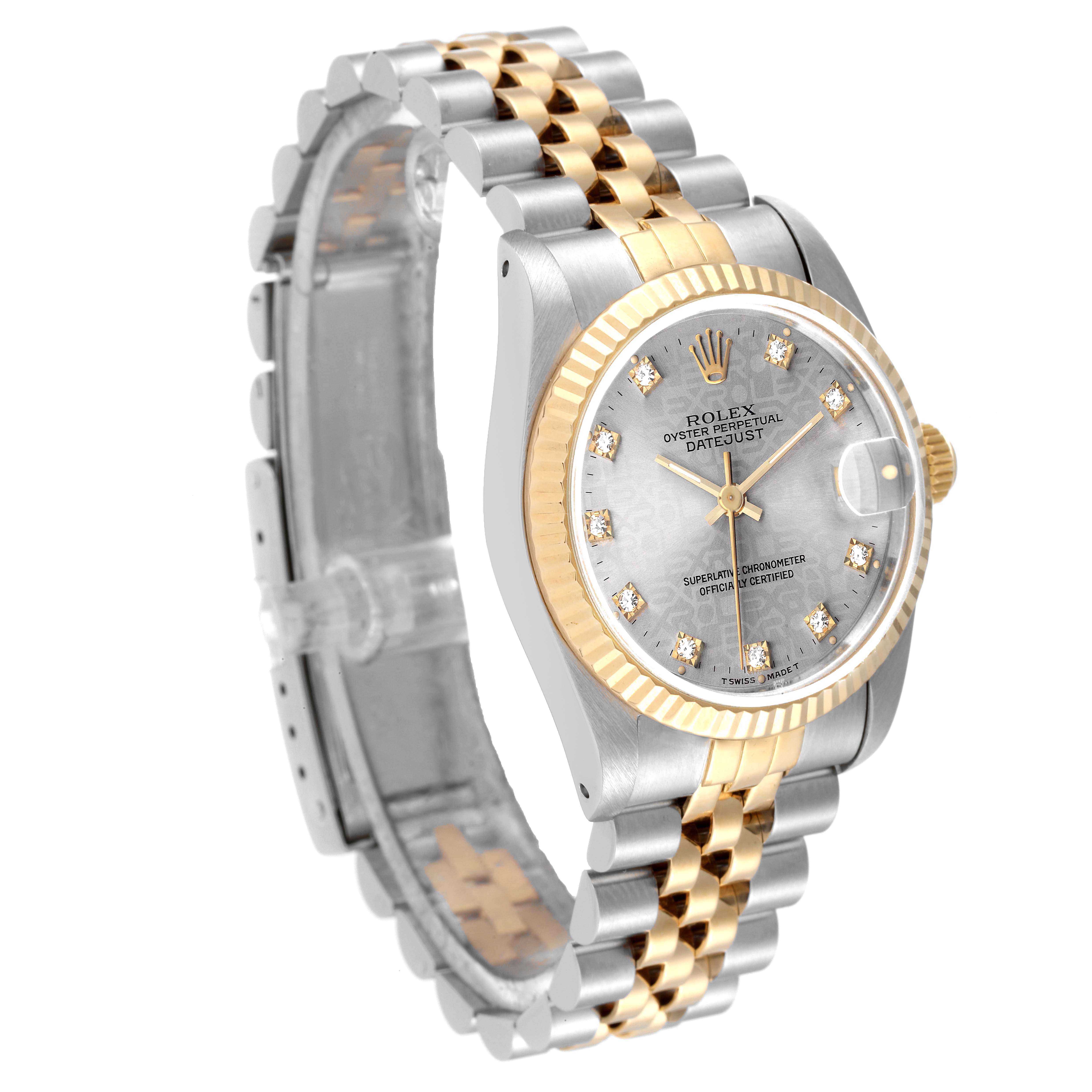 The Rolex Mid-Size 68273 Women
s Steel and Gold (two tone) Silver Dial 68273 Women
s Steel and Gold (two tone) Silver Dial model watch is shown at an angled front view, highlighting its two-tone bracelet, face, and side.
