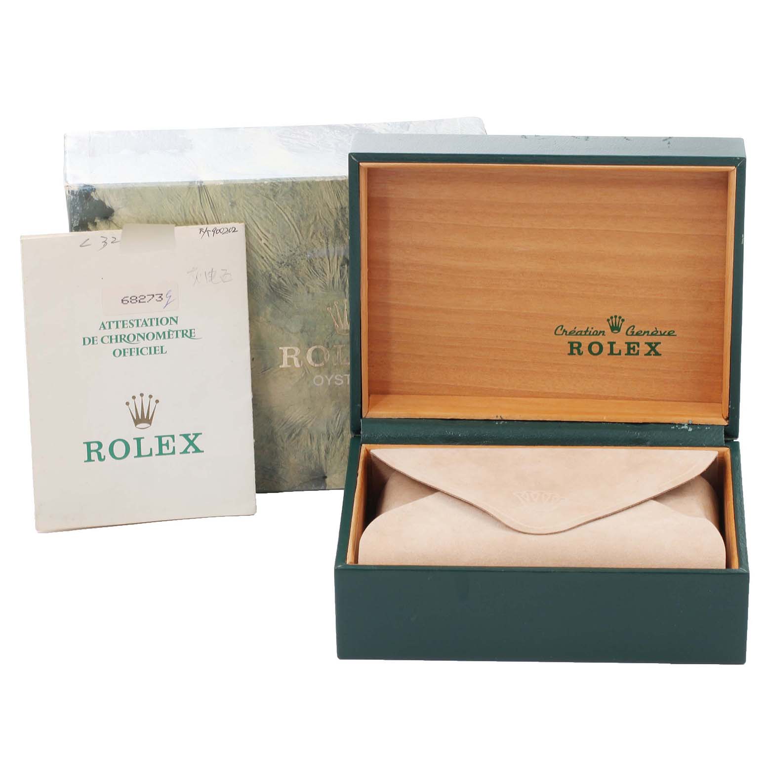 The image shows the packaging and accessories of a Rolex Mid-Size 68273 Women
s Steel and Gold (two tone) Silver Dial 68273 Women
s Steel and Gold (two tone) Silver Dial watch, including the box, warranty booklet, and protective pouch.