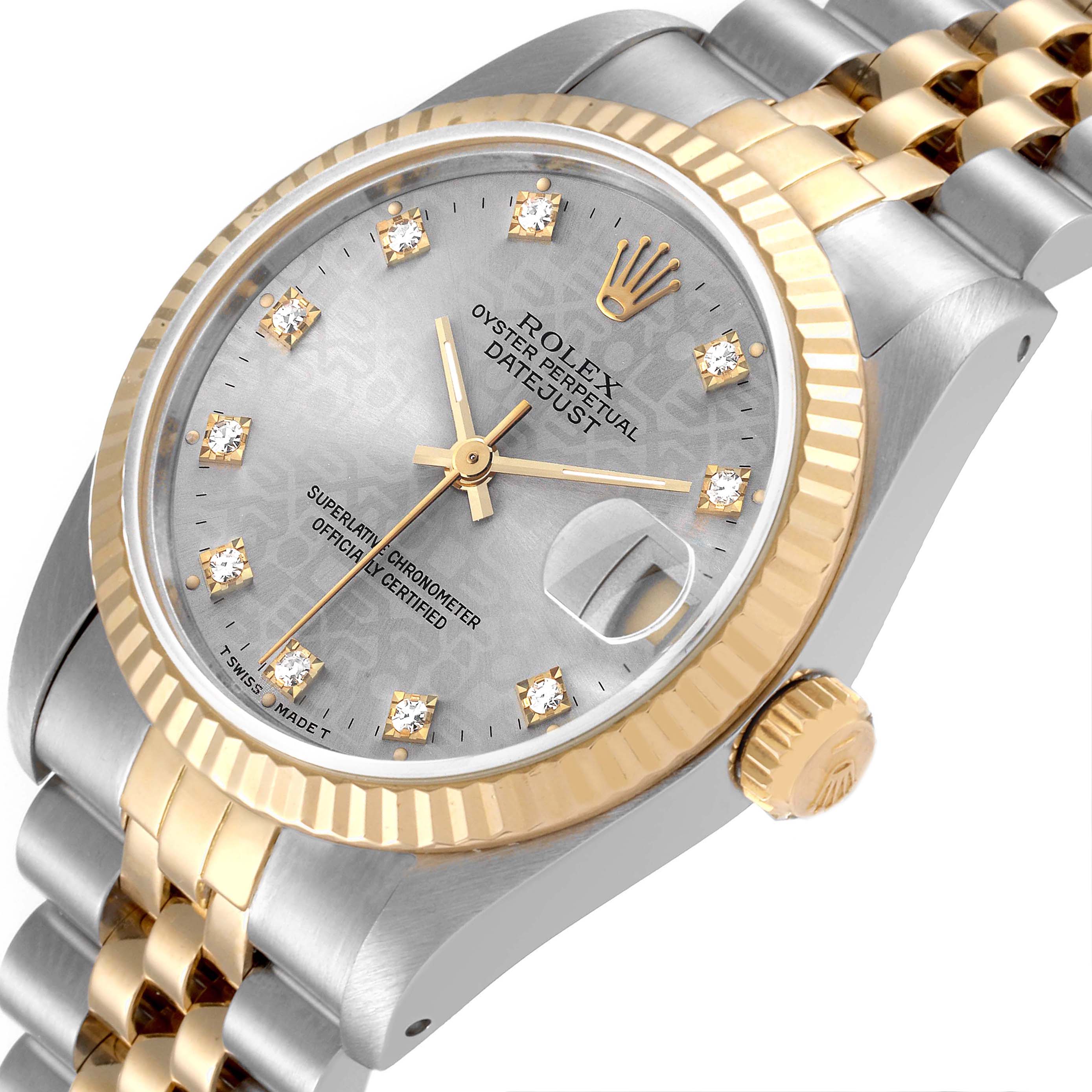 This image showcases a Rolex Datejust Mid-Size watch at an angled view, highlighting its gold and silver bracelet, bezel, and face.