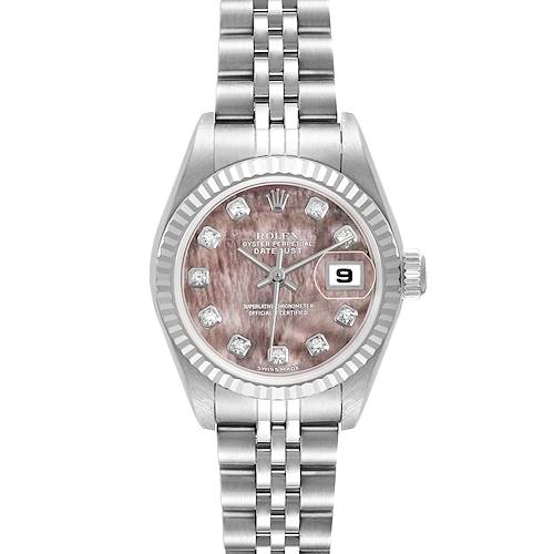 The image shows a front view of the Rolex Datejust 79174 Women's Stainless Steel Mother of Pearl Dial watch, highlighting its face, bezel, crown, and bracelet.