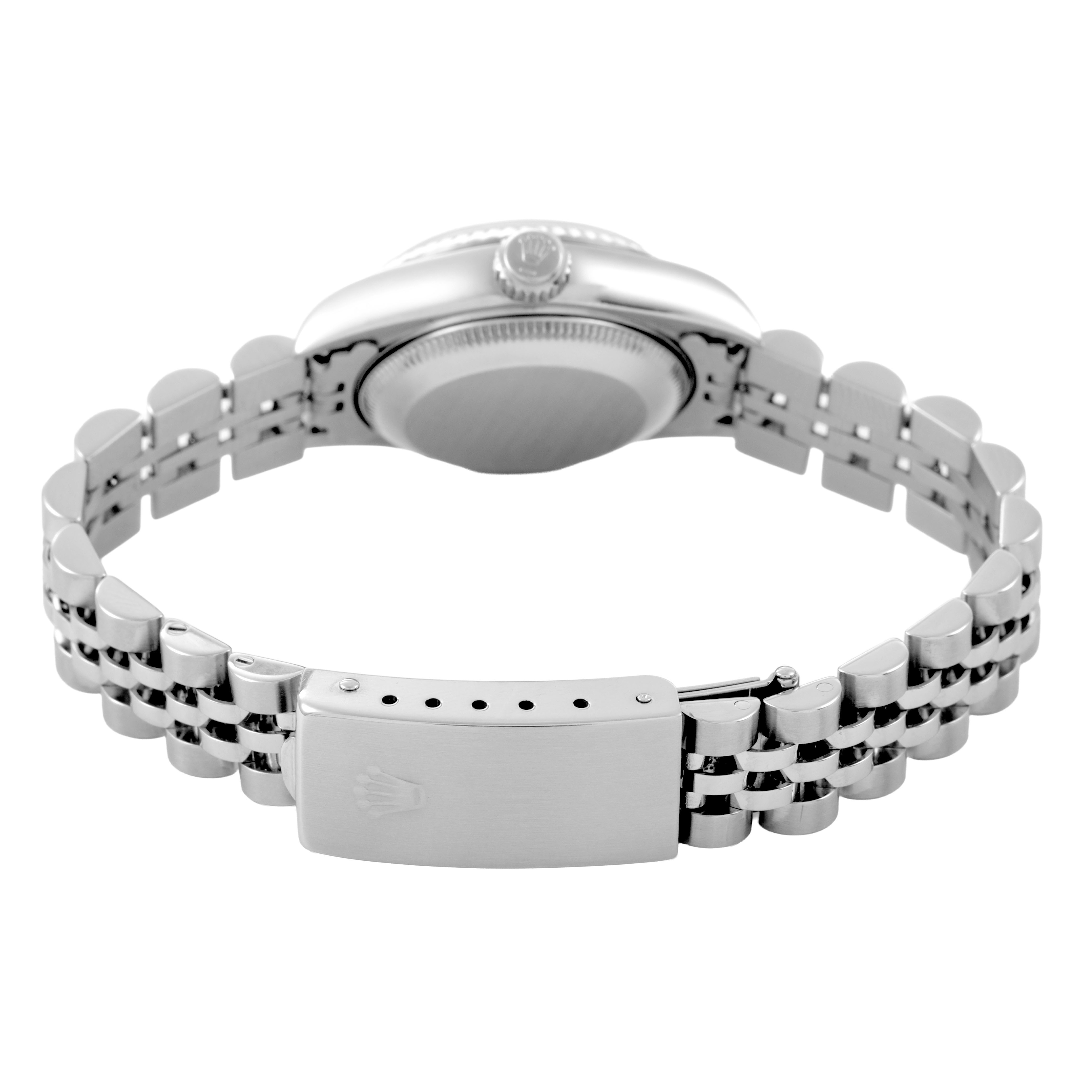 The image shows the Rolex Datejust 79174 Women's Stainless Steel Mother of Pearl Dial watch from the back, focusing on the bracelet, clasp, and crown.