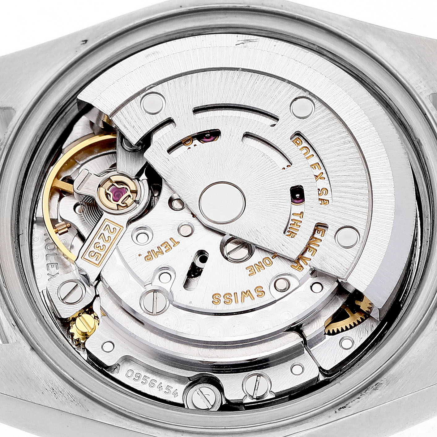 The image shows the movement of a Rolex Datejust 79174 Women's Stainless Steel Mother of Pearl Dial from a rear view, revealing its internal mechanics.