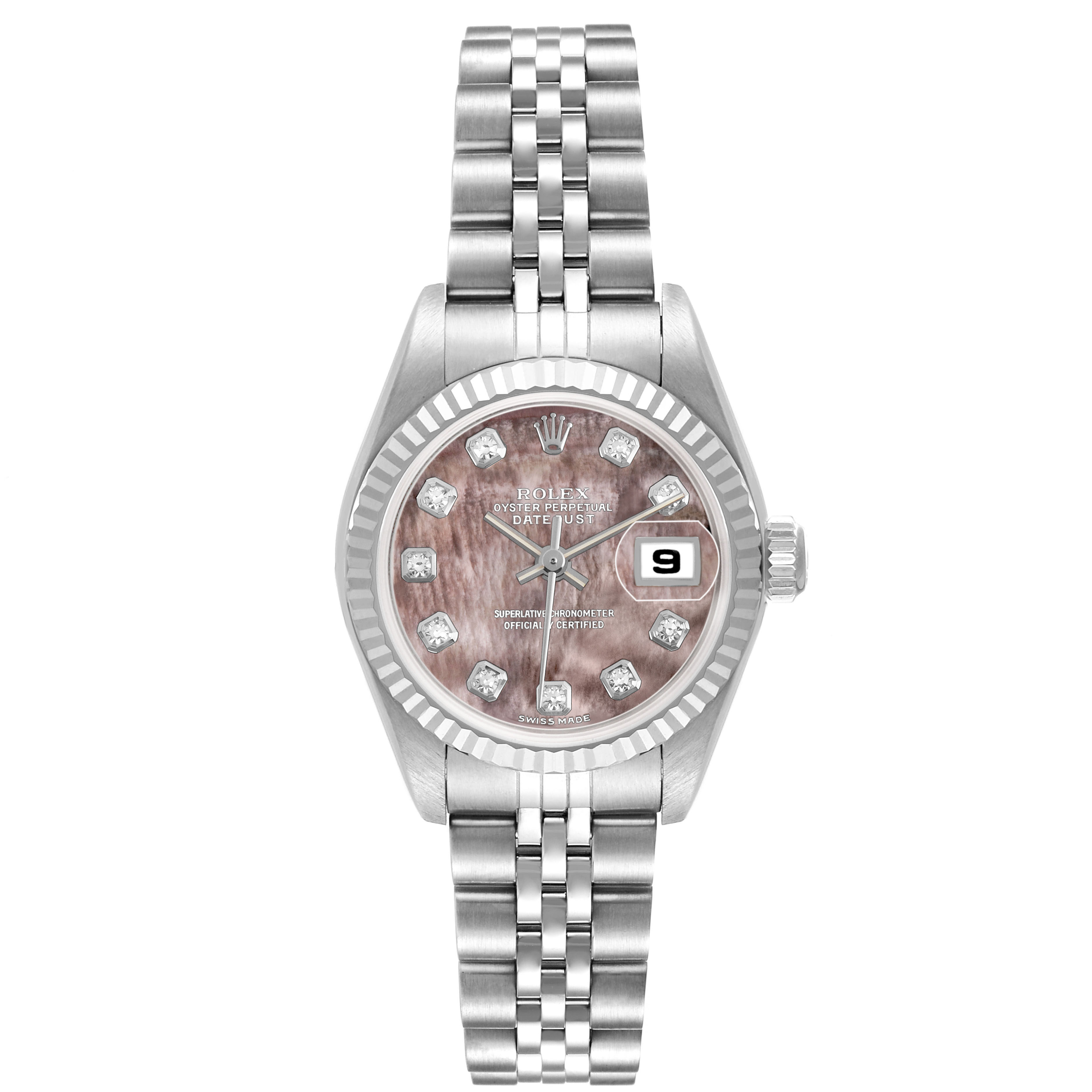 The Rolex Datejust 79174 Women's Stainless Steel Mother of Pearl Dial watch is shown from a front view, highlighting the face, fluted bezel, and Jubilee bracelet.