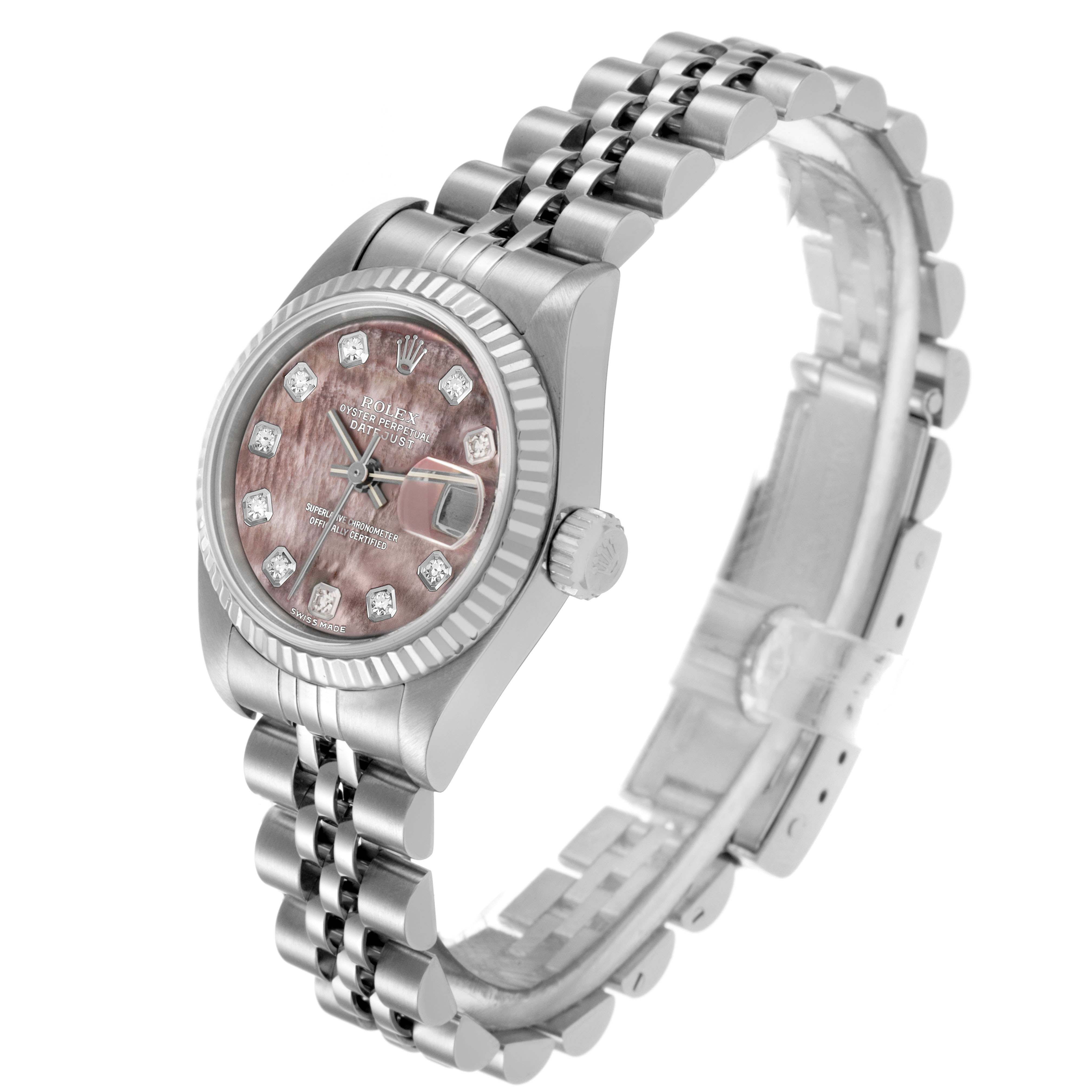 The Rolex Datejust 79174 Women's Stainless Steel Mother of Pearl Dial watch is shown at a three-quarter angle, displaying the face, crown, bezel, and part of the bracelet.