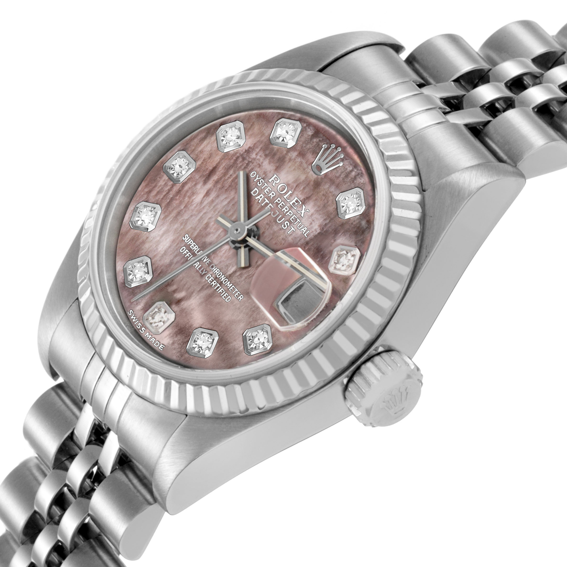 The Rolex Datejust 79174 Women's Stainless Steel Mother of Pearl Dial watch is shown at a side angle, highlighting the crown, fluted bezel, bracelet, and diamond hour markers.