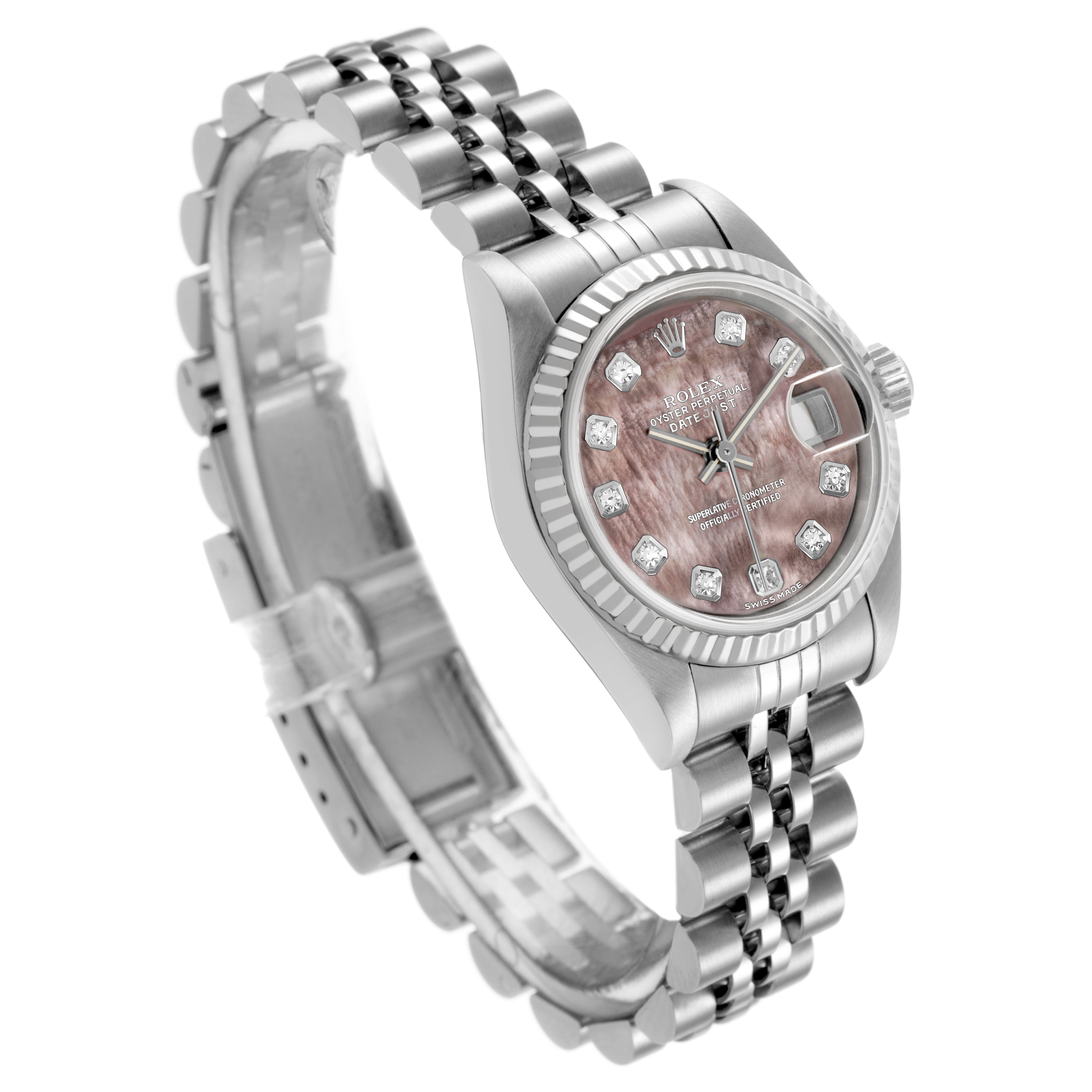 The Rolex Datejust 79174 Women's Stainless Steel Mother of Pearl Dial watch is shown at an angled view, highlighting the dial, bezel, bracelet, and clasp.