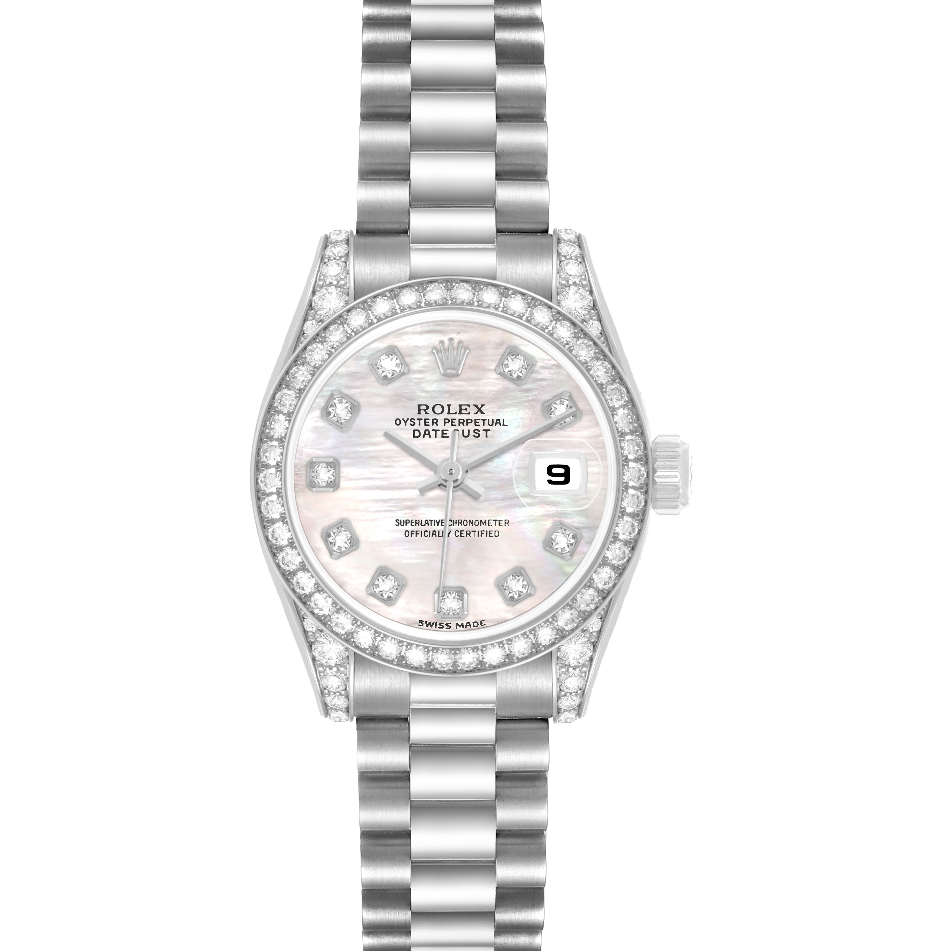 The image shows a front view of the Rolex President 179159 Women's White Gold Mother of Pearl Dial model, highlighting the dial, bezel, crown, and bracelet.