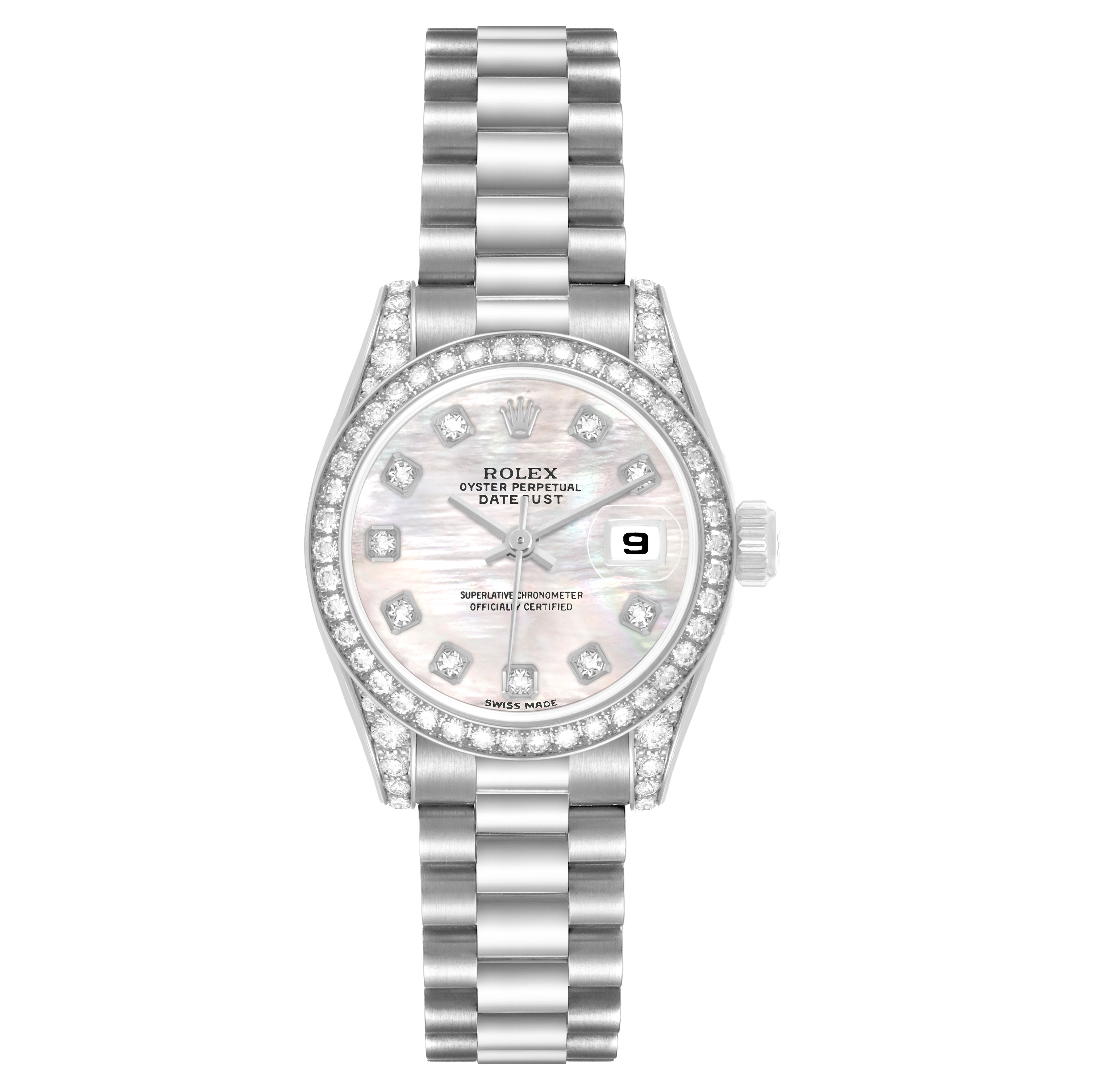 The Rolex President 179159 Women's White Gold Mother of Pearl Dial model watch is shown from a top-down angle, displaying its face, bezel, and bracelet.