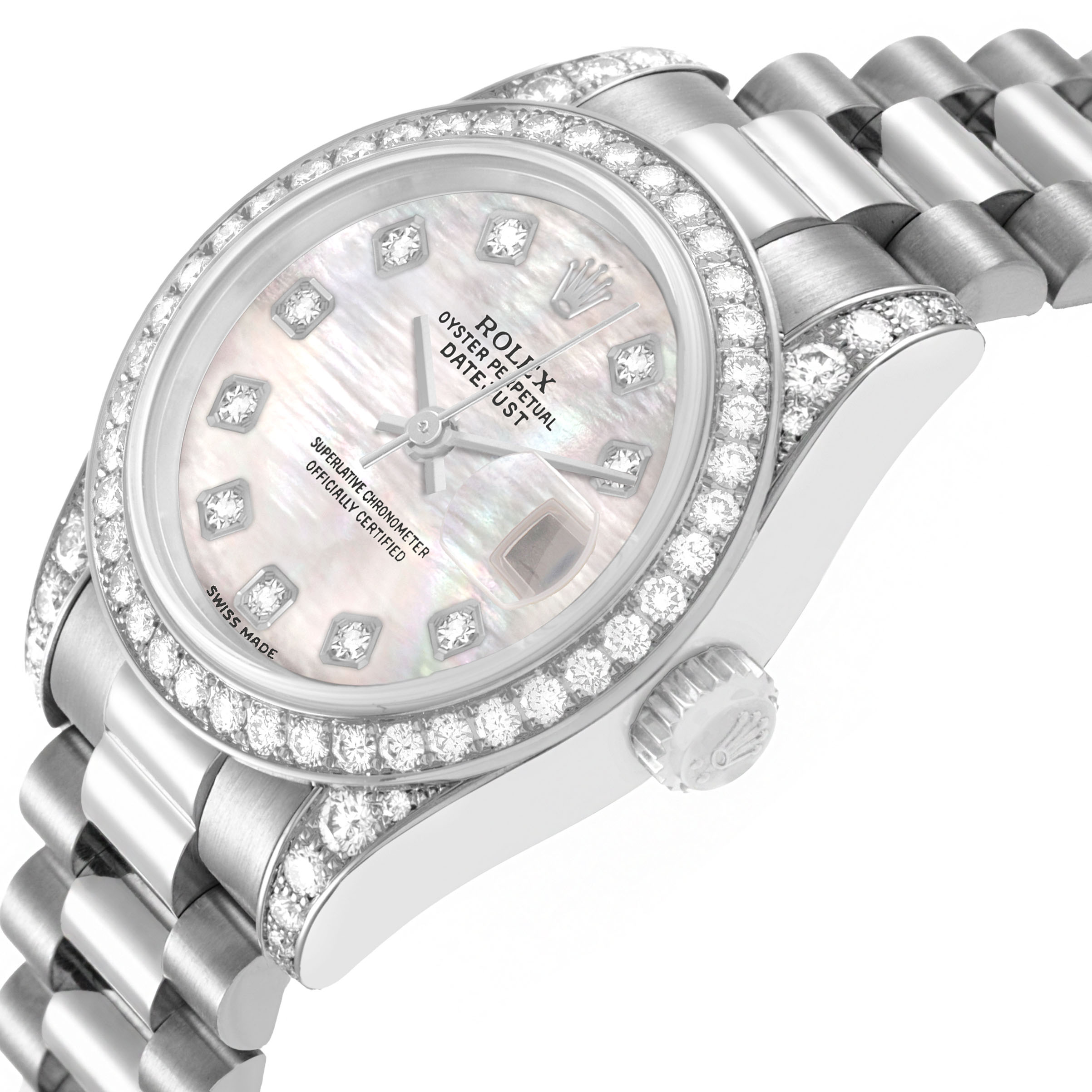 The Rolex President 179159 Women's White Gold Mother of Pearl Dial watch is shown at a slight angle, highlighting the diamond bezel, bracelet, and dial details.