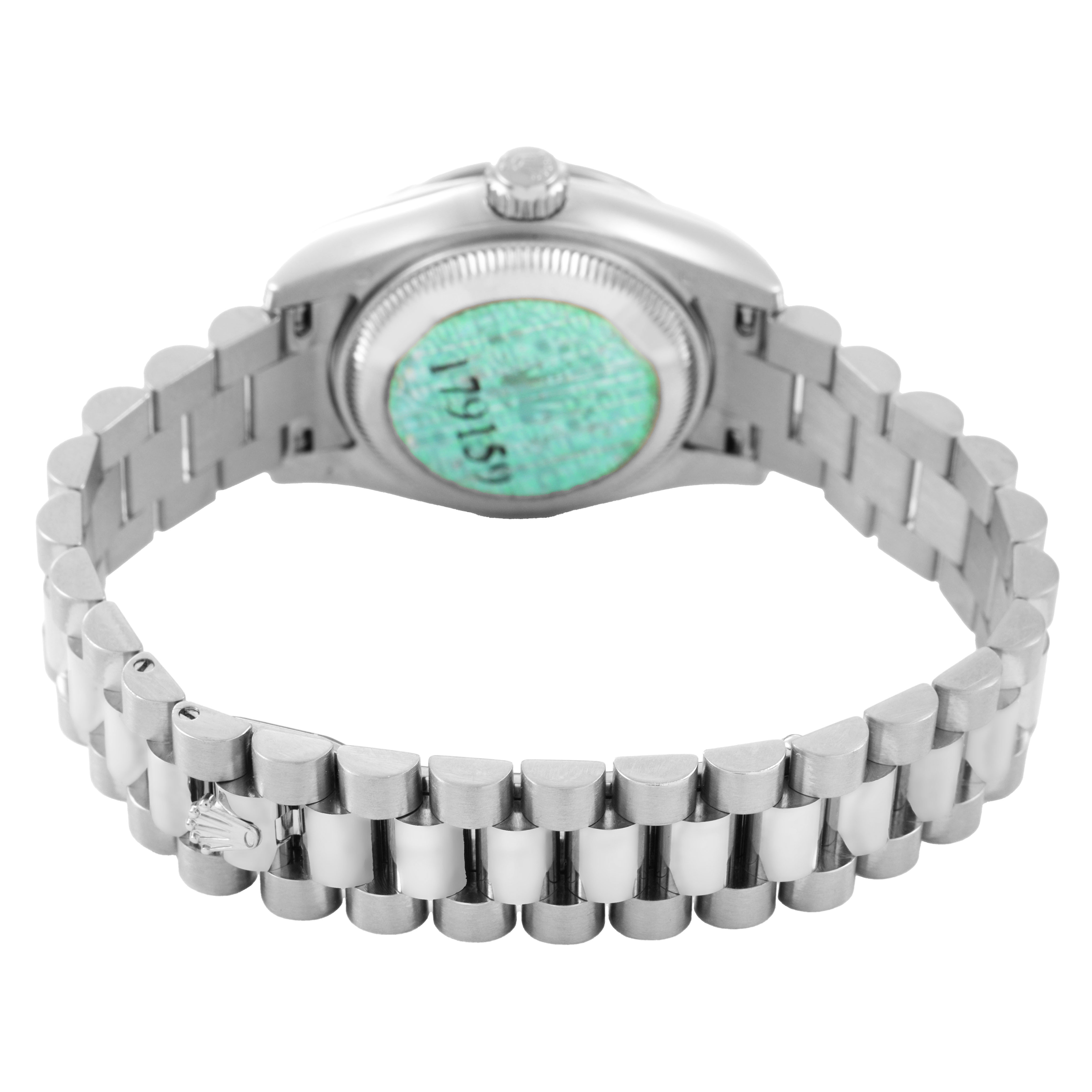 The image shows the back and bracelet of a Rolex President 179159 Women's White Gold Mother of Pearl Dial watch, focusing on the clasp and back case.