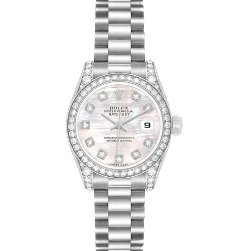 The Rolex President 179159 Women's White Gold Mother of Pearl Dial model watch is shown from a front angle, displaying the dial, bezel, crown, and bracelet.