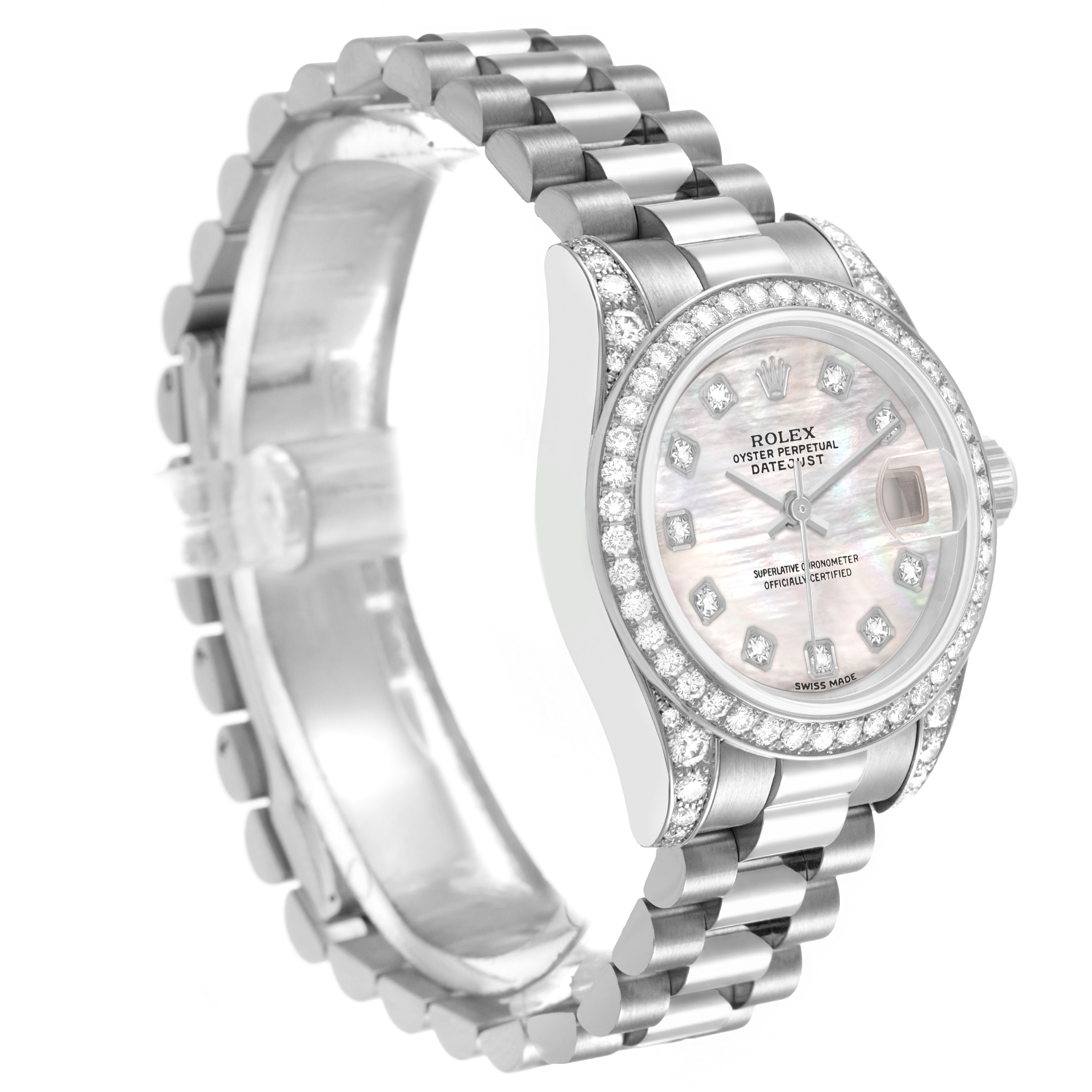 The Rolex President 179159 Women's White Gold Mother of Pearl Dial model is shown at a three-quarter angle, displaying the face, bezel, and bracelet.