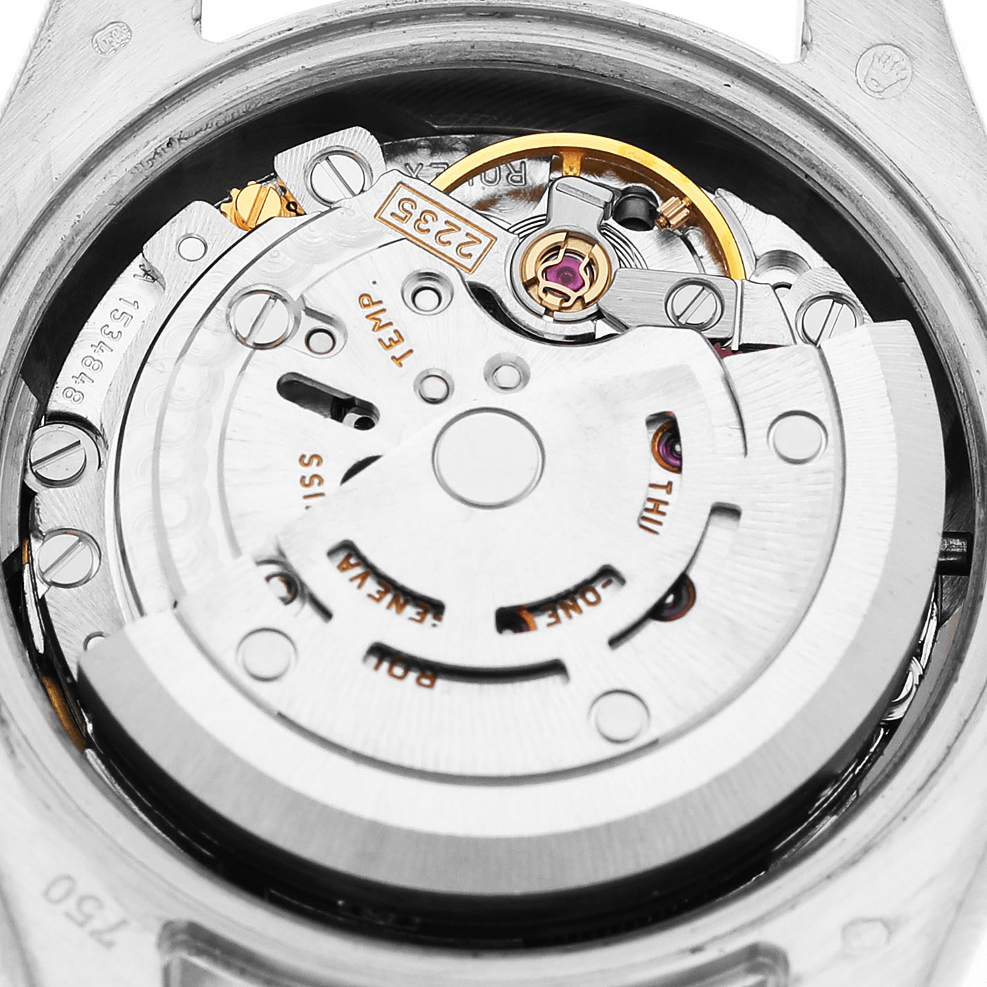 The image shows the movement of a Rolex President 179159 Women's White Gold Mother of Pearl Dial watch from the back, highlighting gears and components.