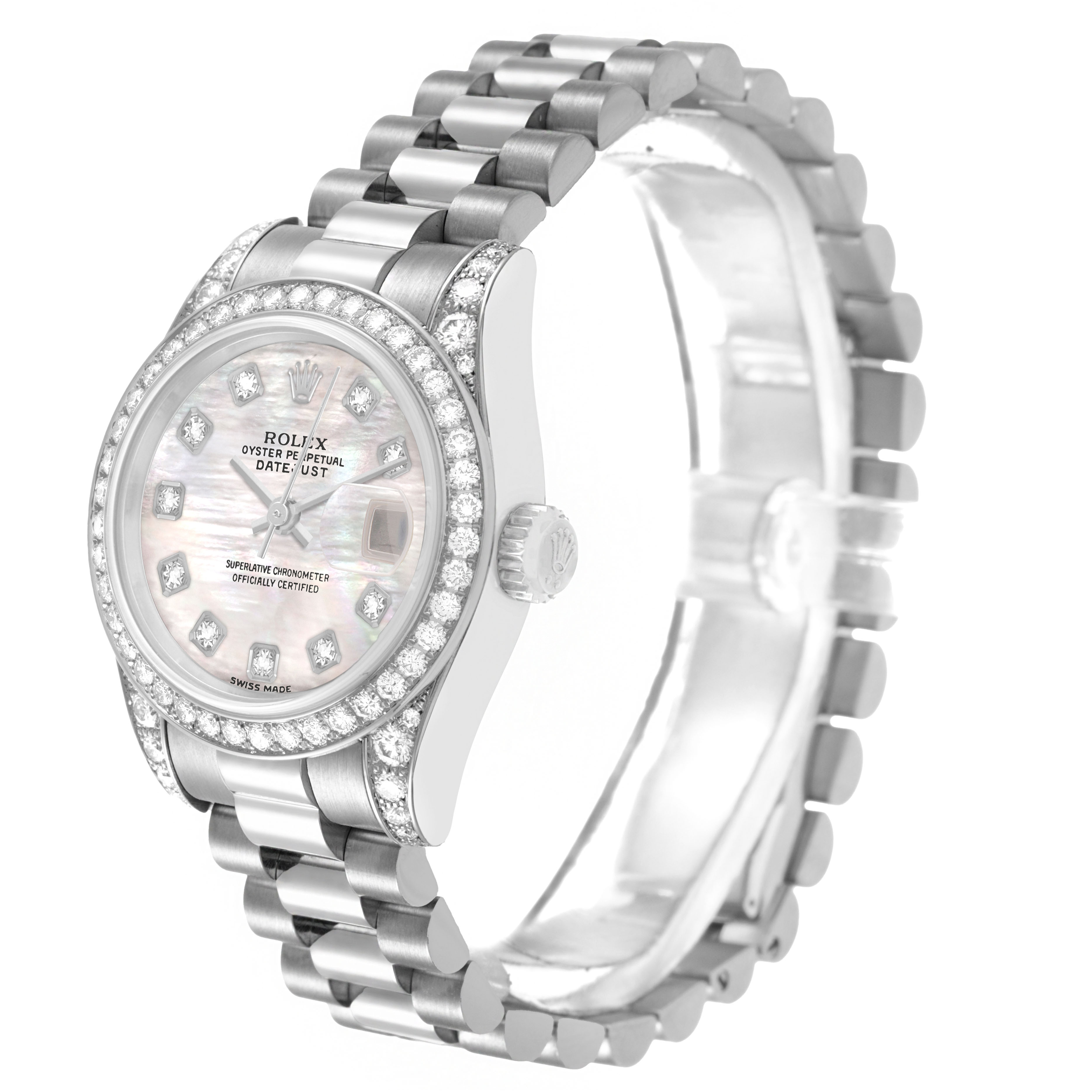 The Rolex President 179159 Women's White Gold Mother of Pearl Dial model is shown from a three-quarter view, showcasing the face, bezel, and bracelet.