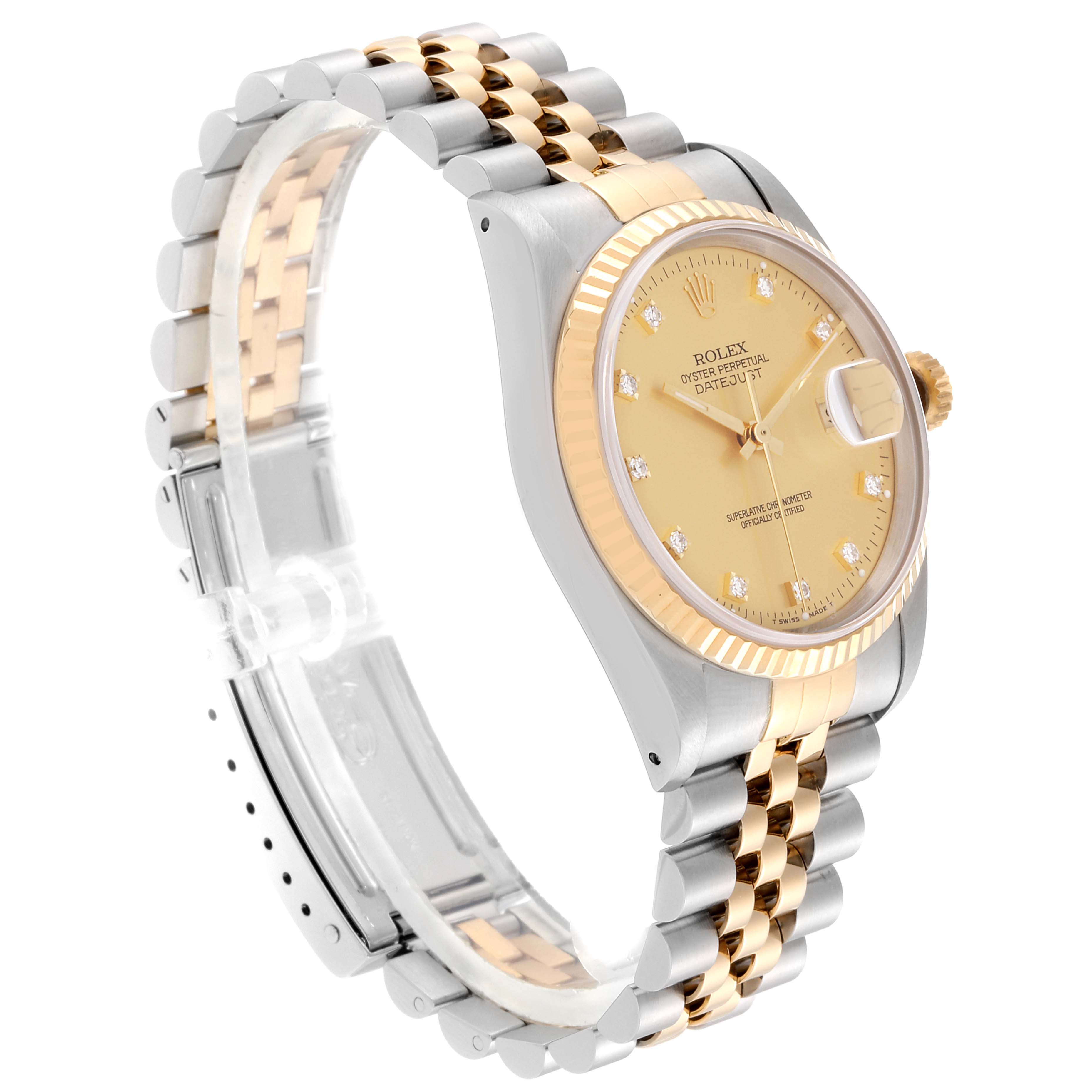 This image shows a side and partial front angle of a Rolex Datejust 16233 Men's Stainless Steel Champagne Dial 16233 Men's Stainless Steel Champagne Dial watch, highlighting the band, bezel, and dial.