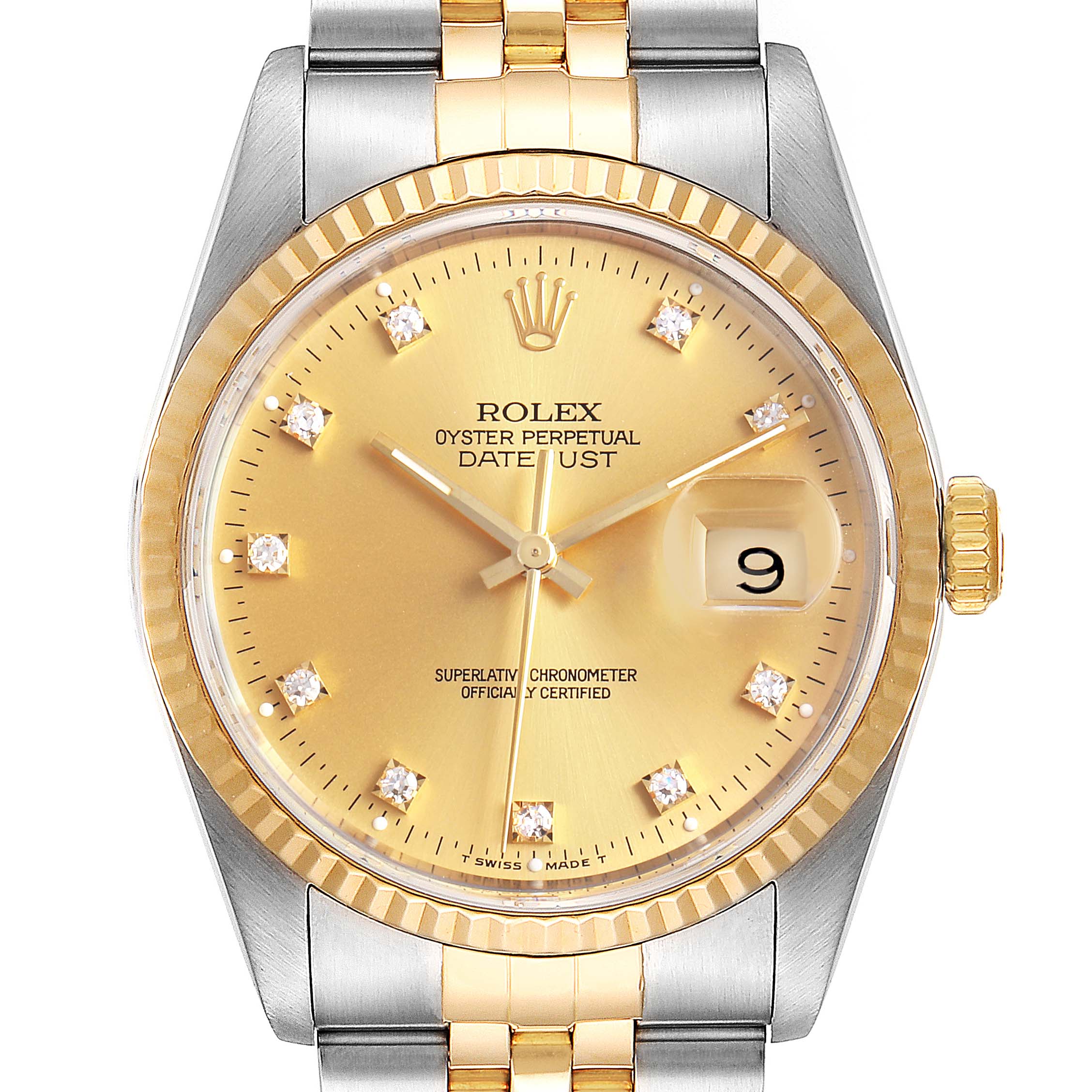 The image shows a Rolex Datejust 16233 Men's Stainless Steel Champagne Dial 16233 Men's Stainless Steel Champagne Dial watch from a front angle, showcasing its gold and silver design along with the date display.