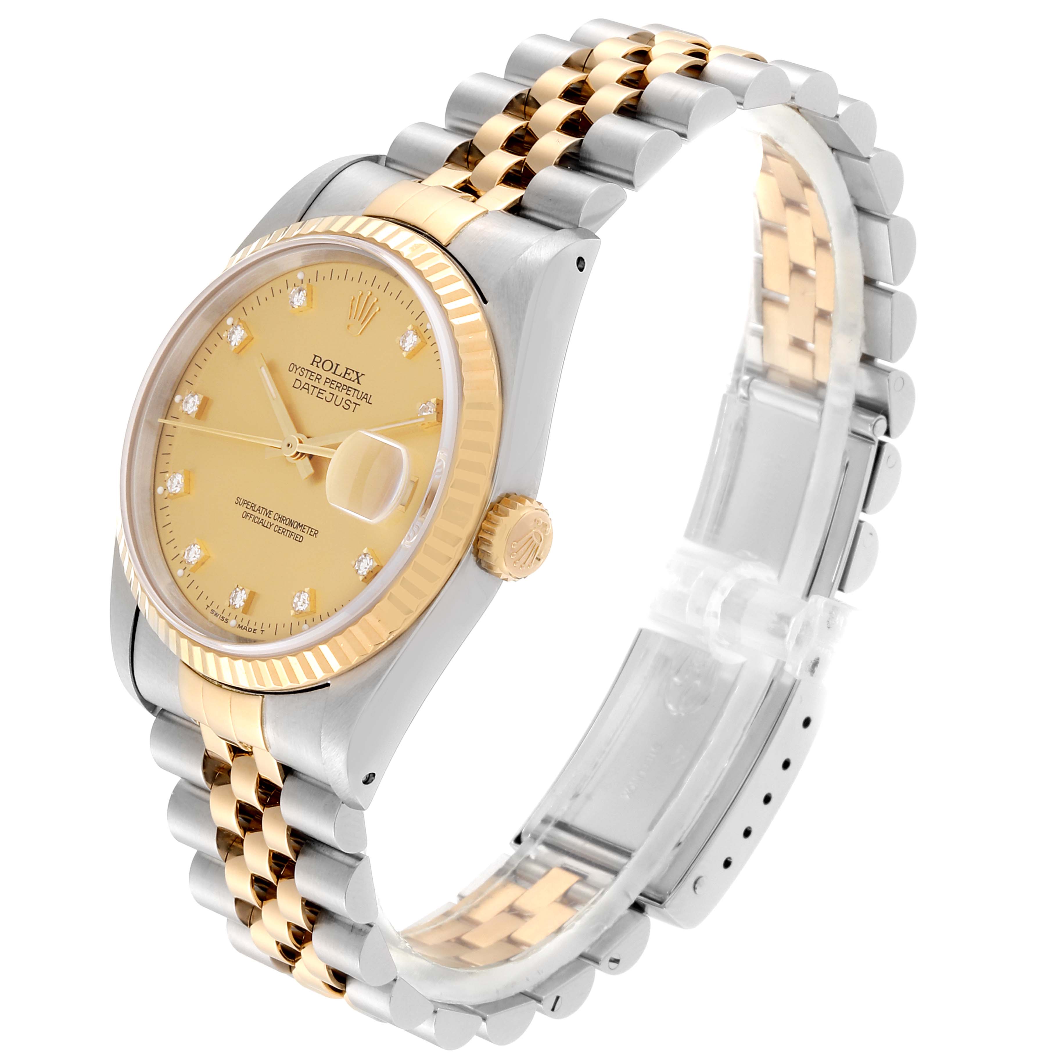 The Rolex Datejust 16233 Men's Stainless Steel Champagne Dial 16233 Men's Stainless Steel Champagne Dial watch is shown at an angled side view, highlighting its dial, fluted bezel, crown, and two-tone bracelet.