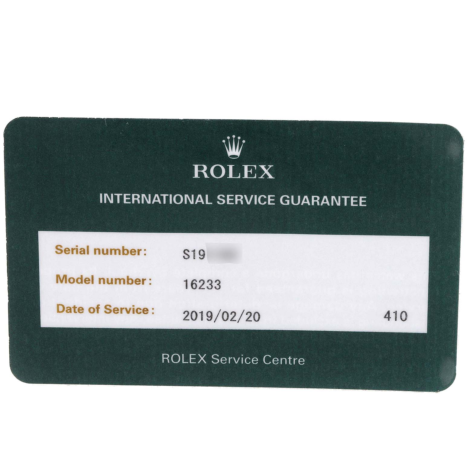 The image shows an International Service Guarantee card for a Rolex Datejust 16233 Men's Stainless Steel Champagne Dial 16233 Men's Stainless Steel Champagne Dial model 16233.