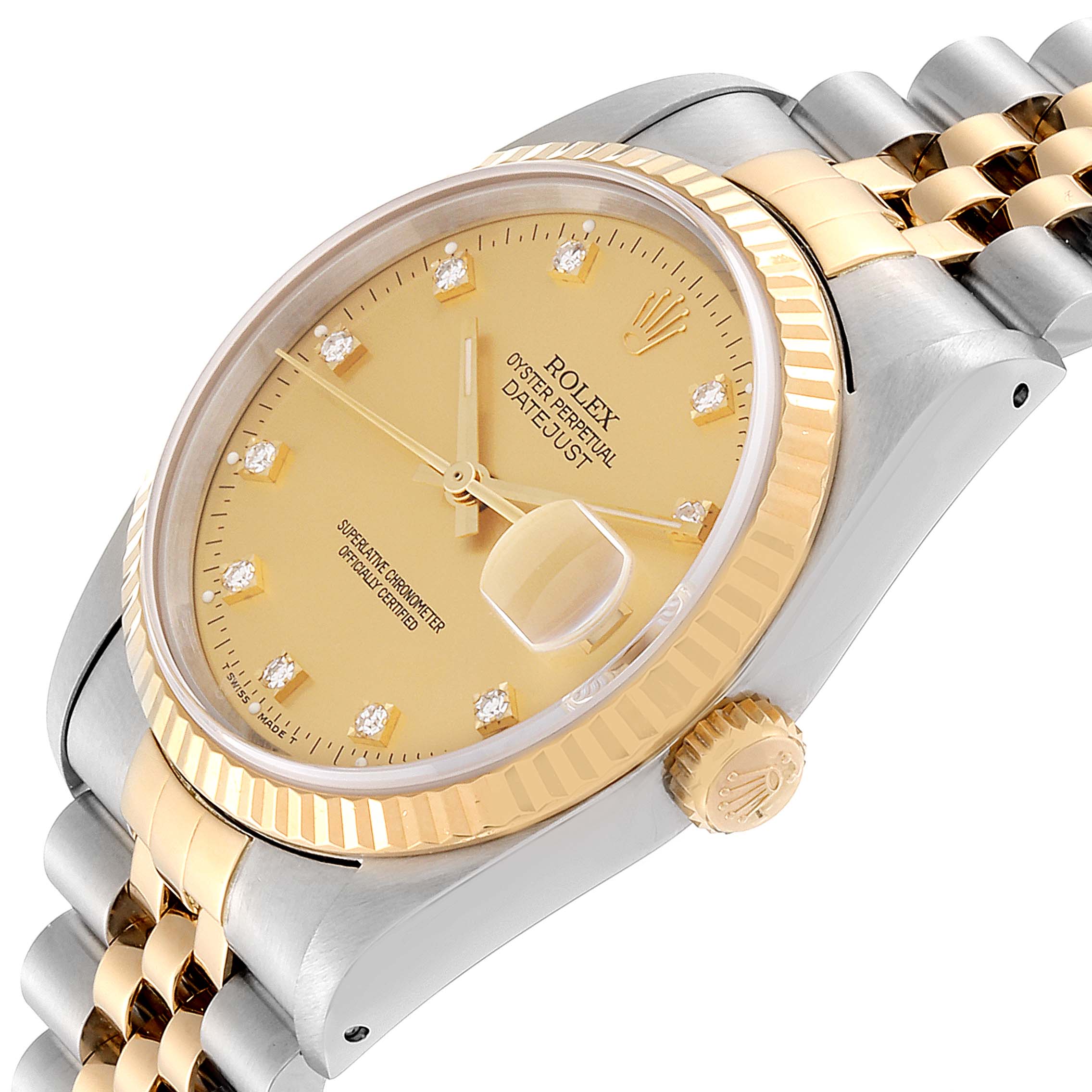 This image shows a side and partially top view of the Rolex Datejust 16233 Men's Stainless Steel Champagne Dial 16233 Men's Stainless Steel Champagne Dial watch, highlighting the dial, bezel, crown, and bracelet.