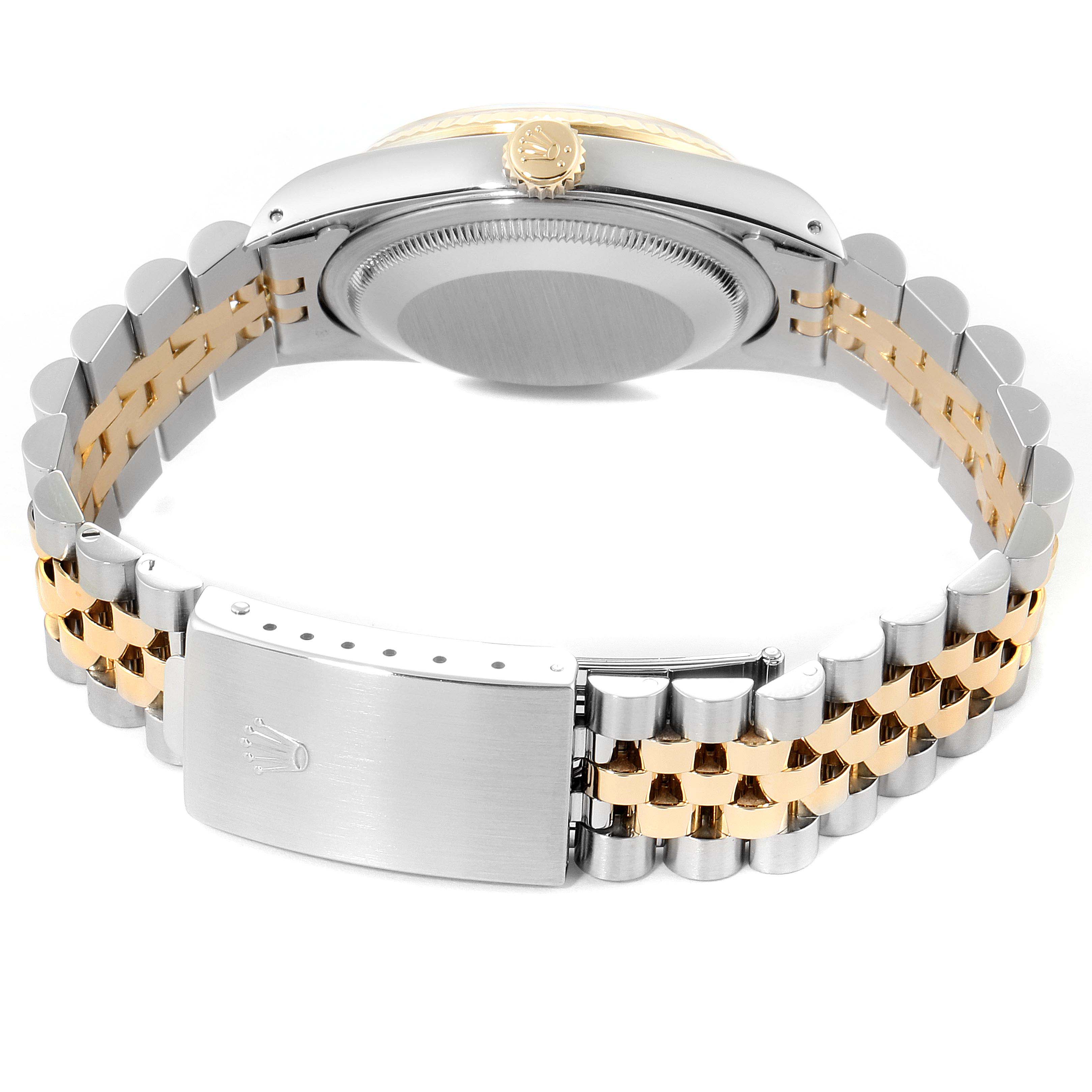 The image shows the back view of a Rolex Datejust 16233 Men's Stainless Steel Champagne Dial 16233 Men's Stainless Steel Champagne Dial watch, focusing on the case back, crown, and two-tone bracelet with clasp.