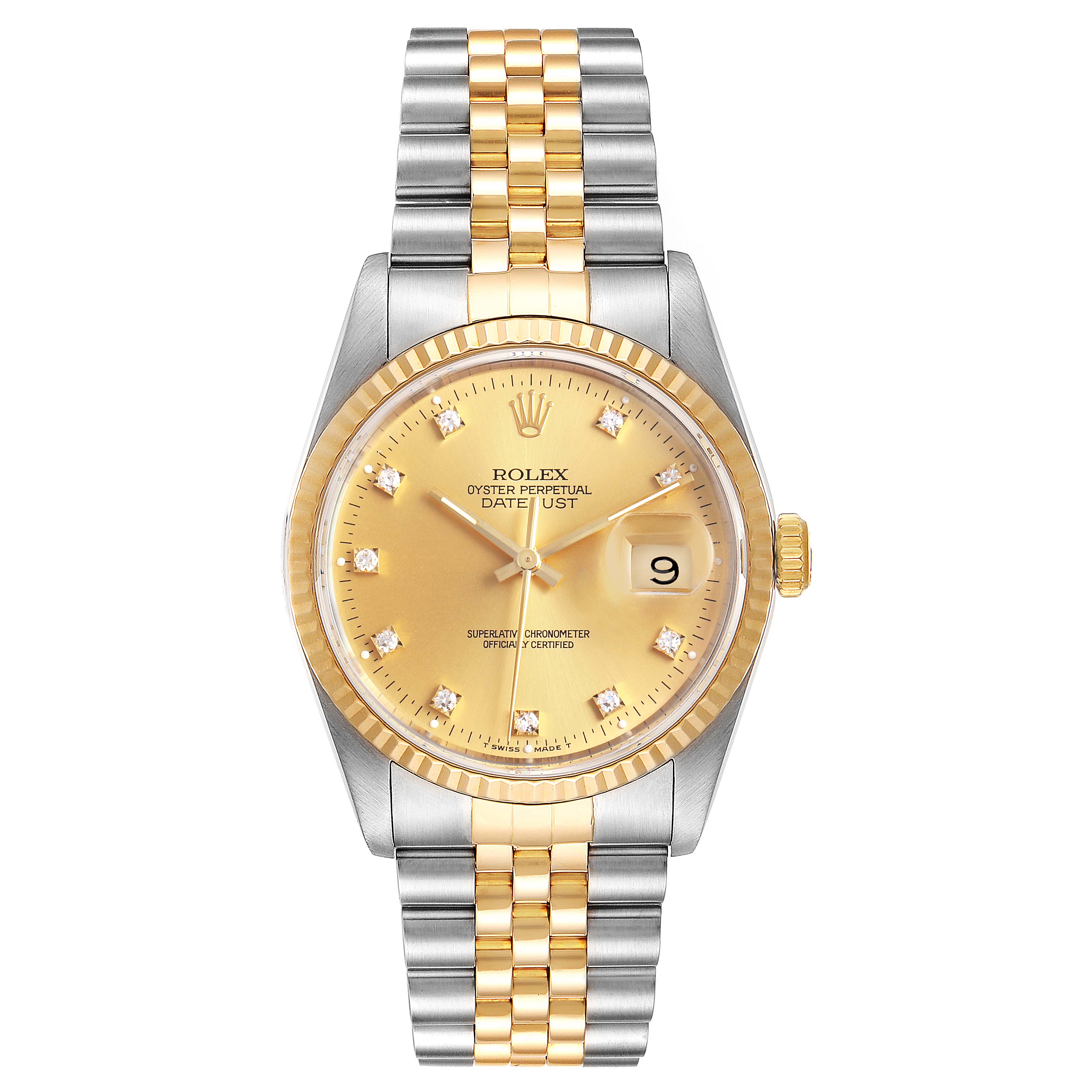 The image shows a Rolex Datejust 16233 Men's Stainless Steel Champagne Dial 16233 Men's Stainless Steel Champagne Dial watch from a front angle, featuring a gold and silver jubilee bracelet.