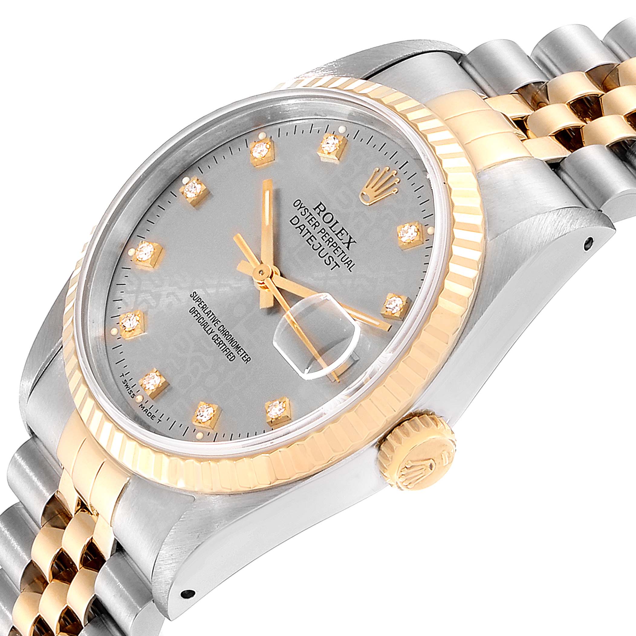 The image shows a Rolex Datejust 16233G Men's Steel and Gold (two tone) Silver Dial 16233G Men's Steel and Gold (two tone) Silver Dial watch at a slight angle, highlighting its face, bezel, crown, and part of the bracelet.