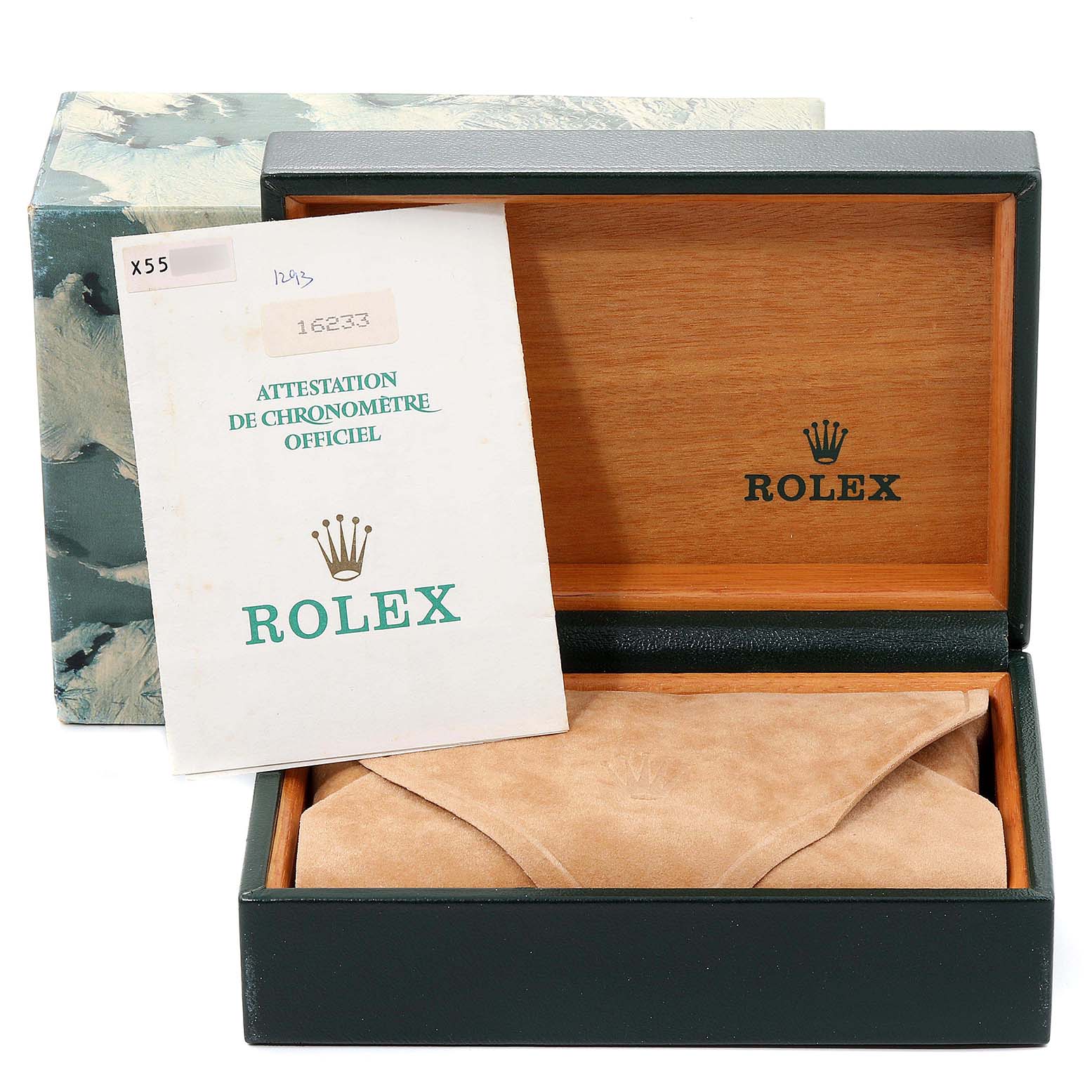 The image shows the Rolex Datejust 16233G Men's Steel and Gold (two tone) Silver Dial 16233G Men's Steel and Gold (two tone) Silver Dial watch's packaging, including the box, outer sleeve, and official certification papers.