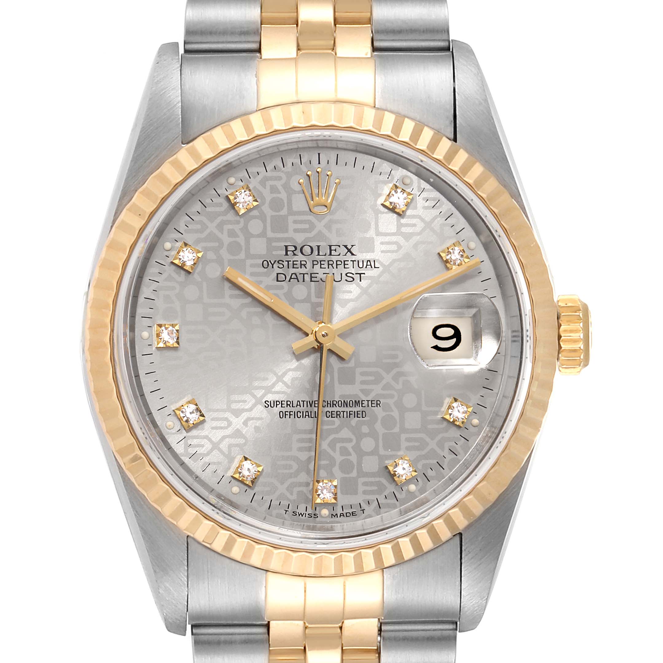 This image shows a Rolex Datejust 16233G Men's Steel and Gold (two tone) Silver Dial 16233G Men's Steel and Gold (two tone) Silver Dial watch with a two-tone metal band, fluted bezel, date window, and diamond hour markers.