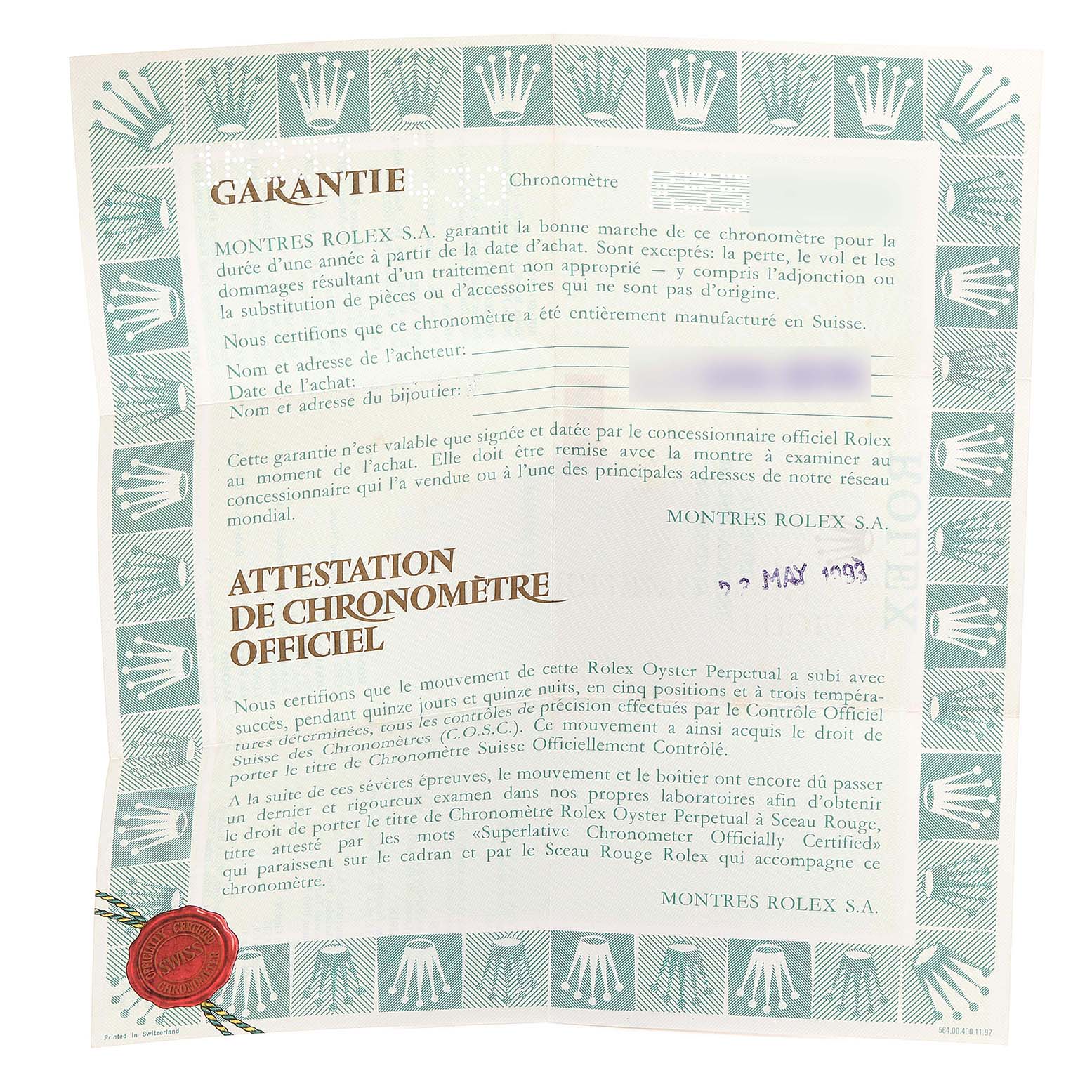 The image shows a Rolex warranty and official chronometer certification document for the Datejust model.