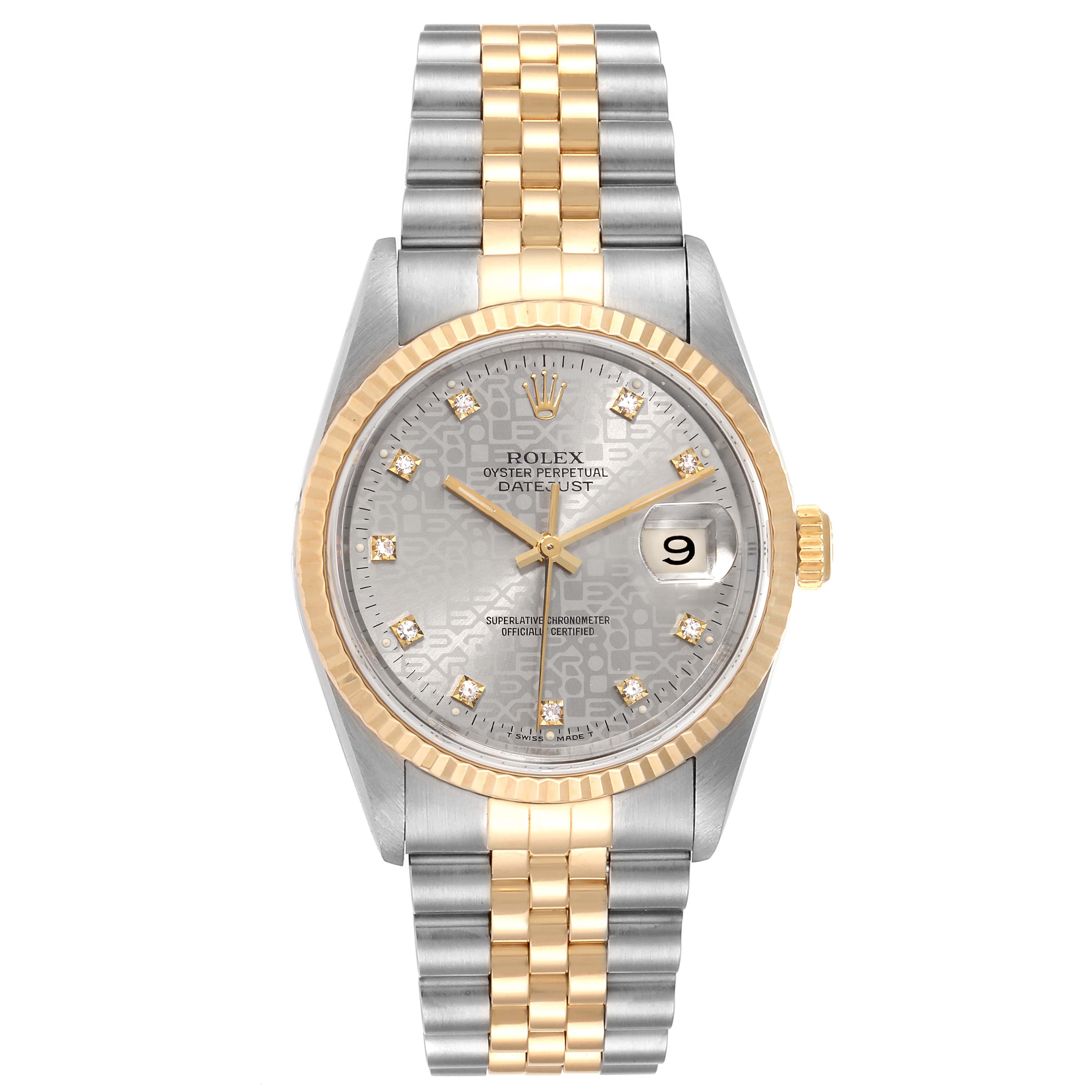 The Rolex Datejust 16233G Men's Steel and Gold (two tone) Silver Dial 16233G Men's Steel and Gold (two tone) Silver Dial watch is shown from a front angle, displaying the dial, bezel, case, crown, and bracelet.