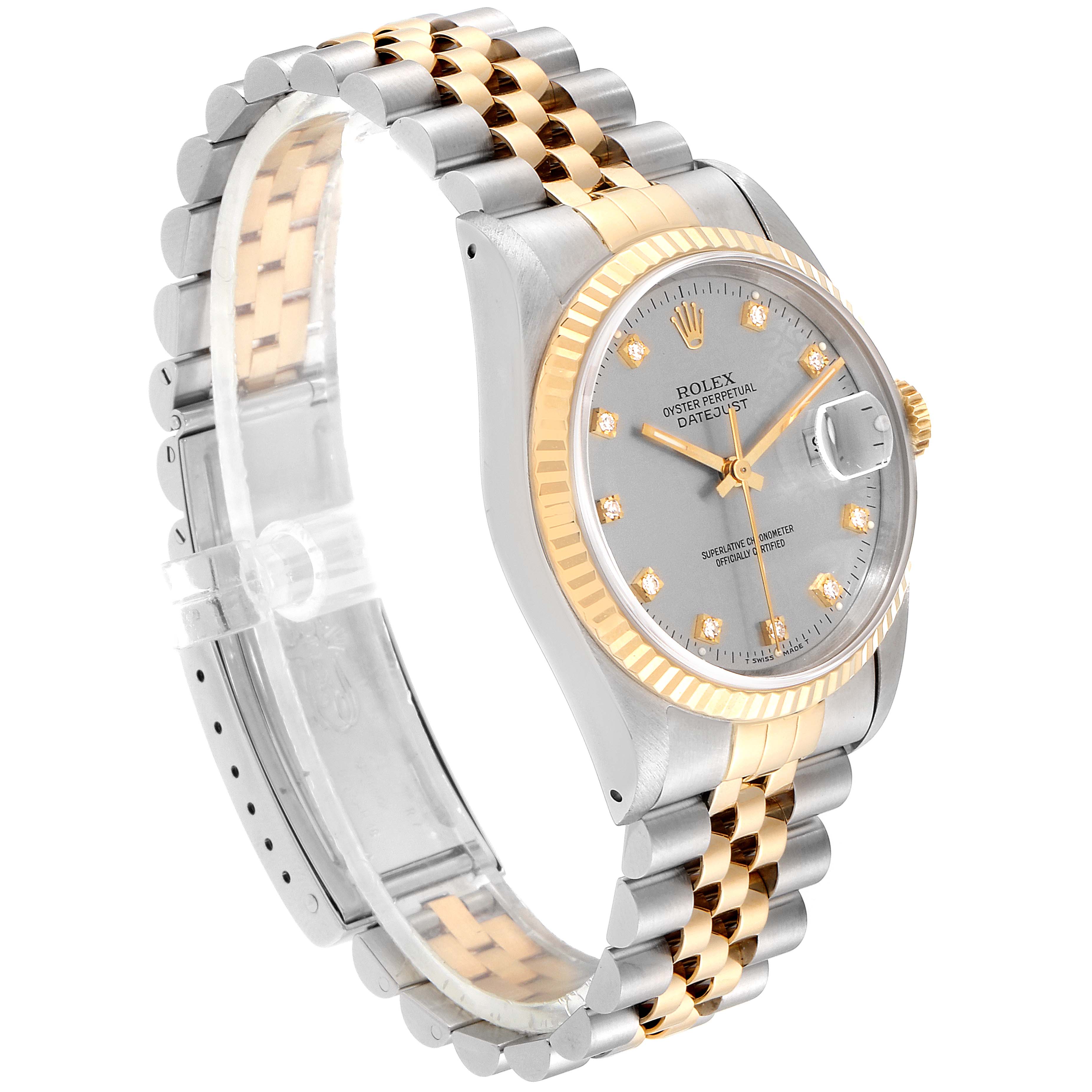 The image shows a side and front angle of the Rolex Datejust 16233G Men's Steel and Gold (two tone) Silver Dial 16233G Men's Steel and Gold (two tone) Silver Dial watch, highlighting its two-tone bracelet, bezel, and dial.